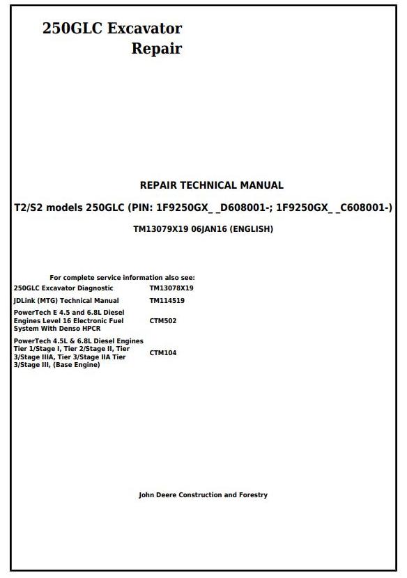 John Deere 250GLC Excavator Repair Technical Manual TM13079X19