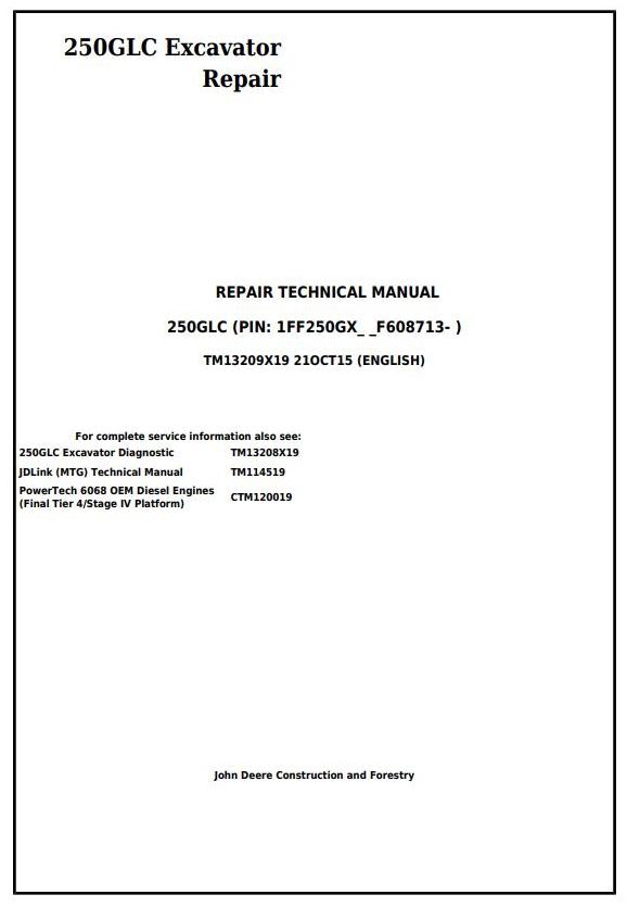 John Deere 250GLC Excavator Repair Technical Manual TM13209X19