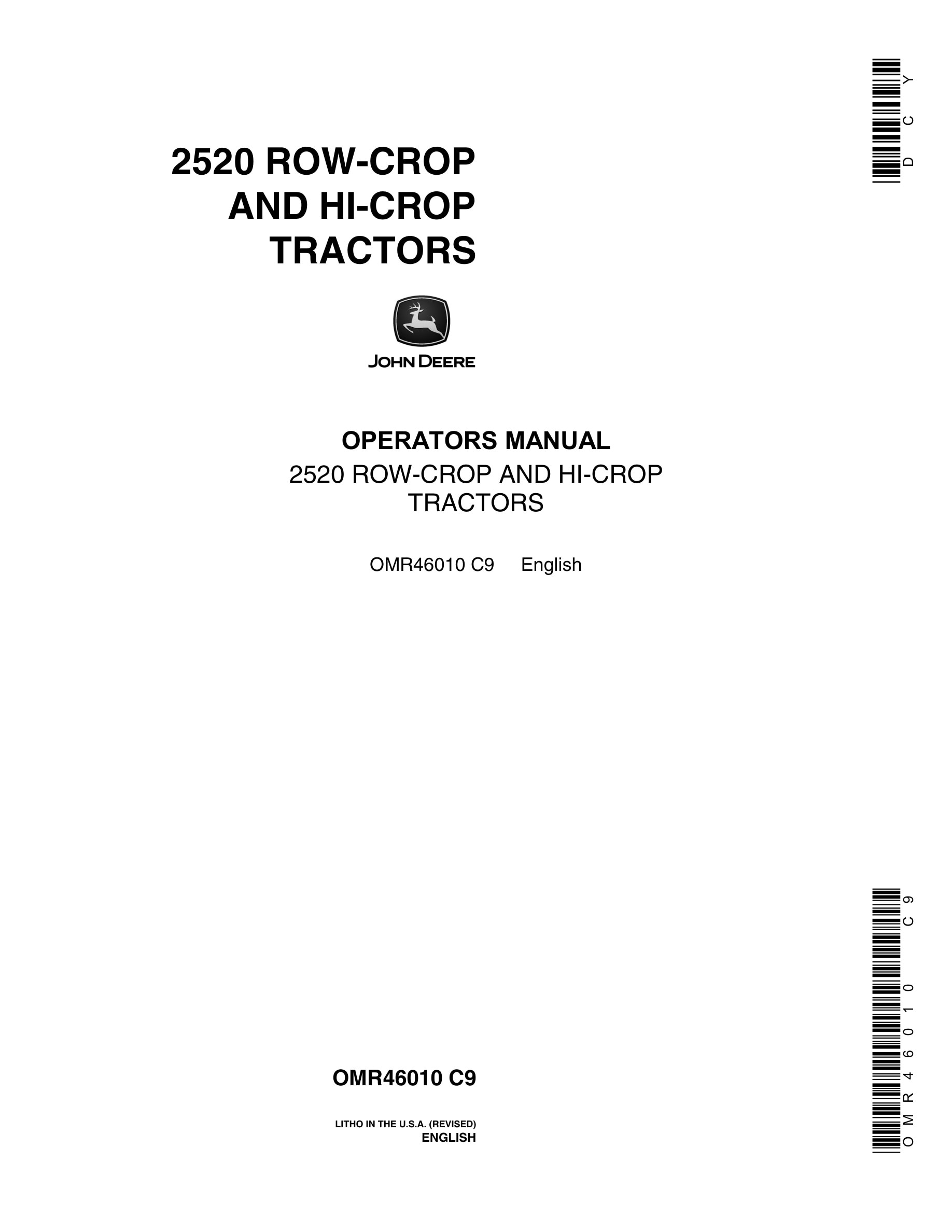 John Deere 2520 Tractor Operator Manual OMR46010-1