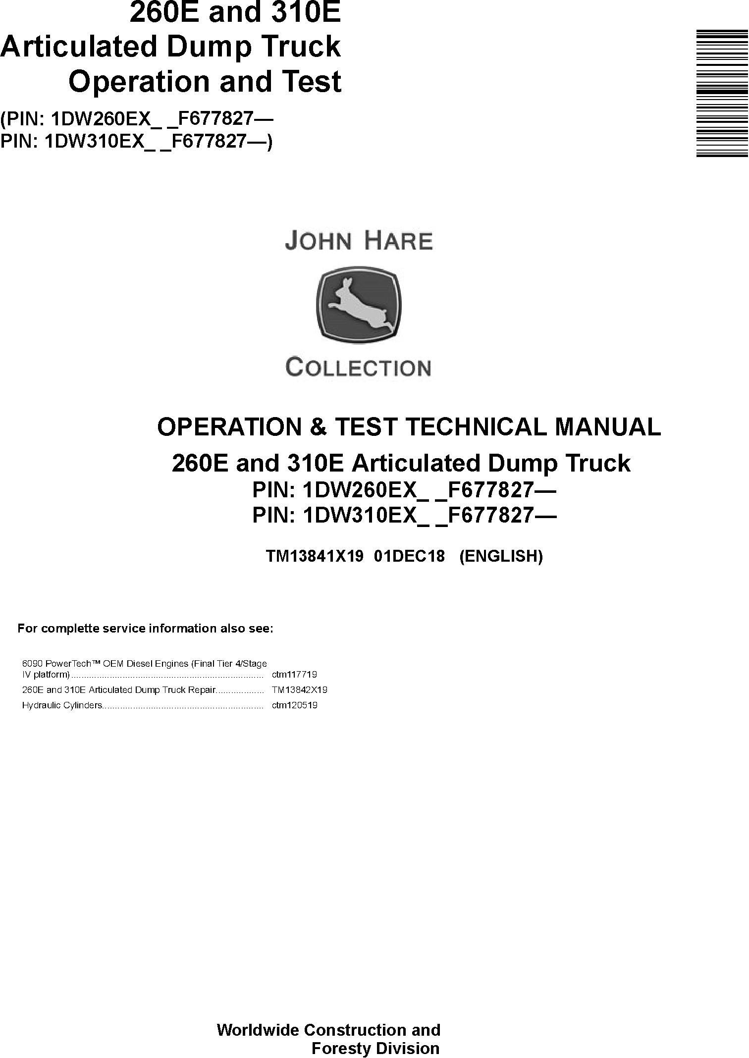 John Deere 260E 310E Articulated Dump Truck Operation Test Technical Manual TM13841X19
