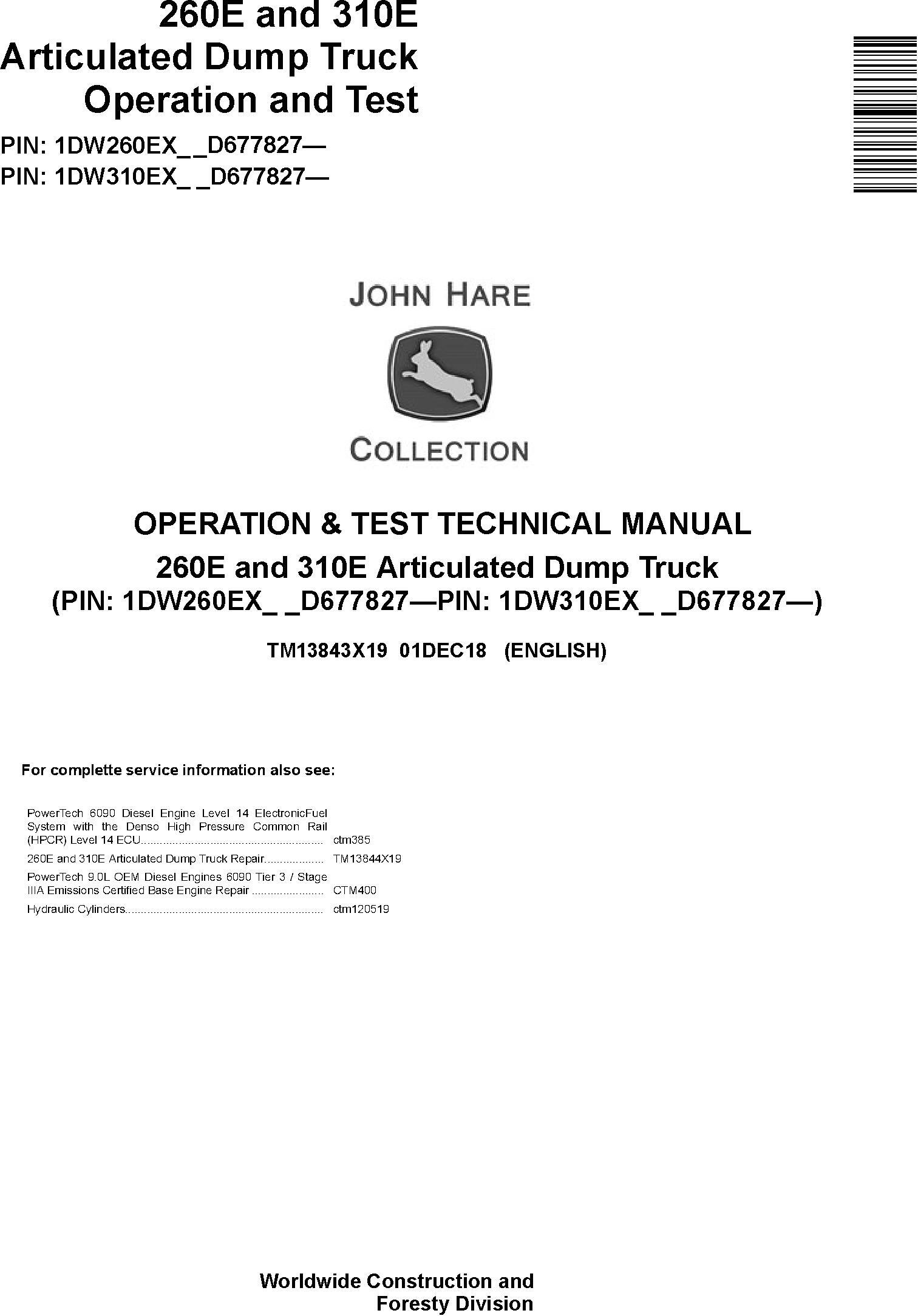 John Deere 260E 310E Articulated Dump Truck Operation Test Technical Manual TM13843X19