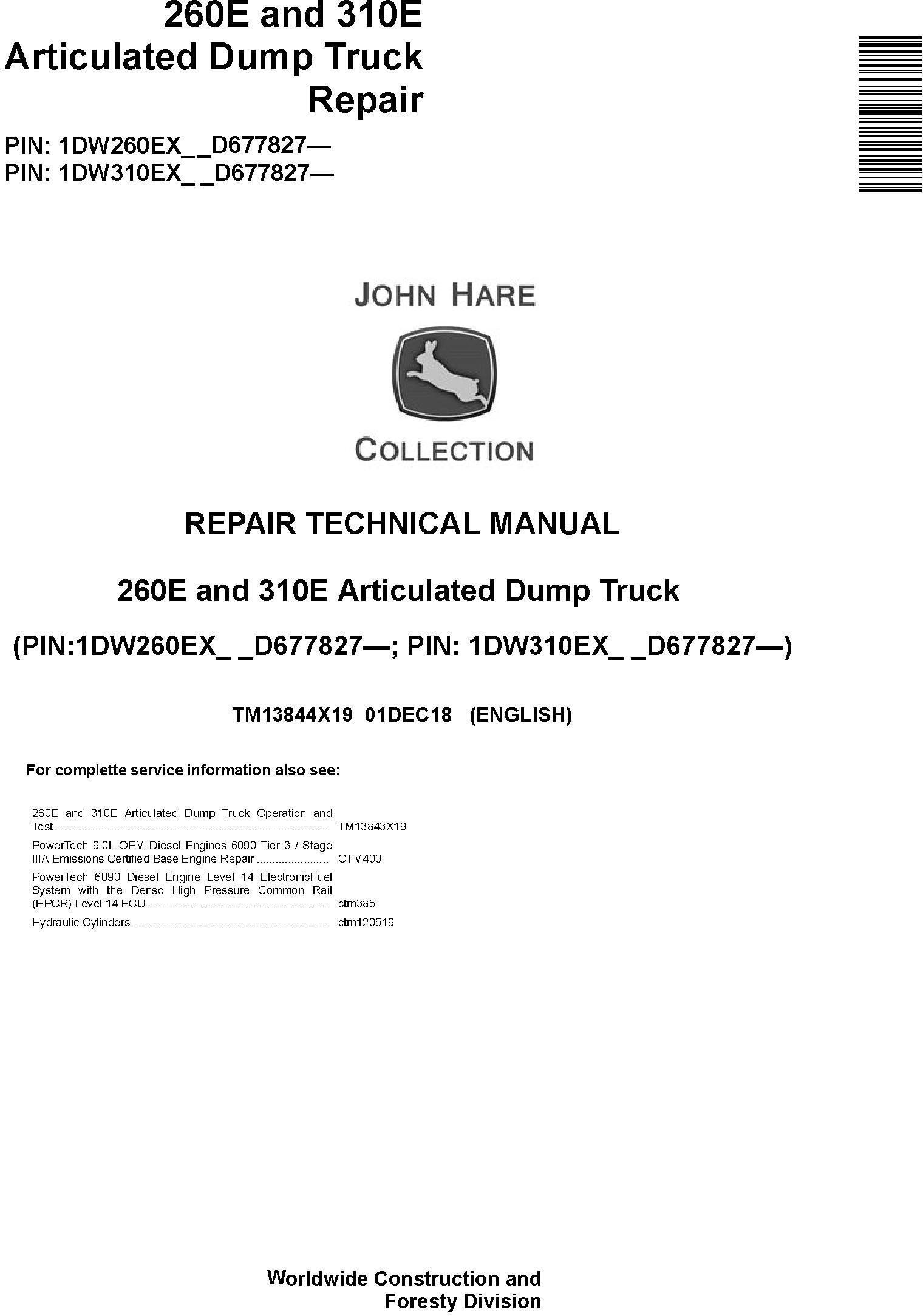 John Deere 260E 310E Articulated Dump Truck Repair Technical Manual TM13844X19