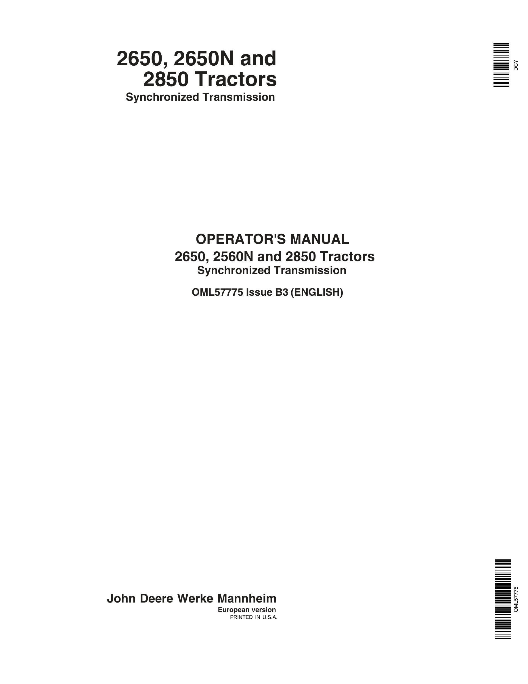 John Deere 2650, 2560n And 2850 Tractors Operator Manuals OML57775-1