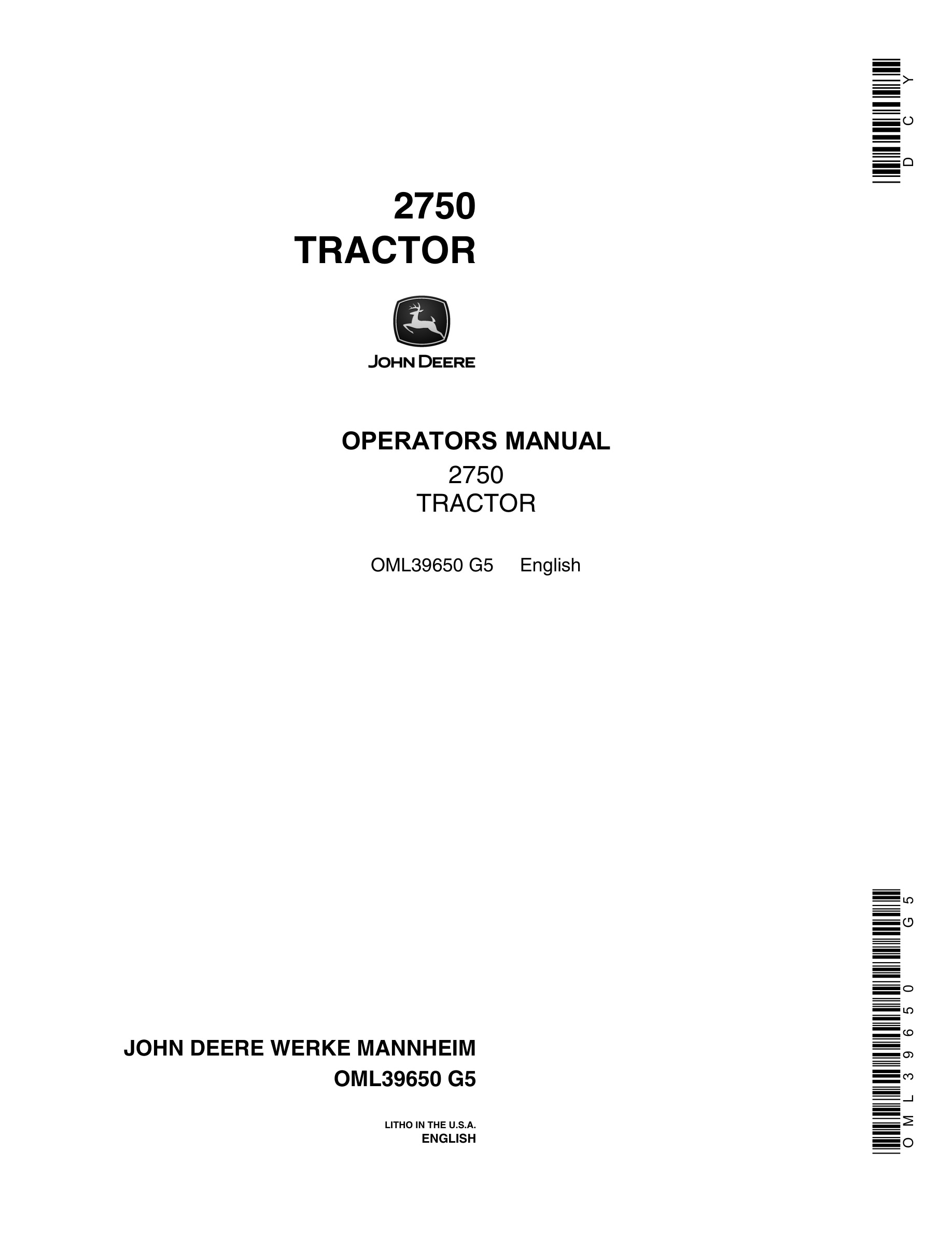 John Deere 2750 Tractor Operator Manual OML39650-1