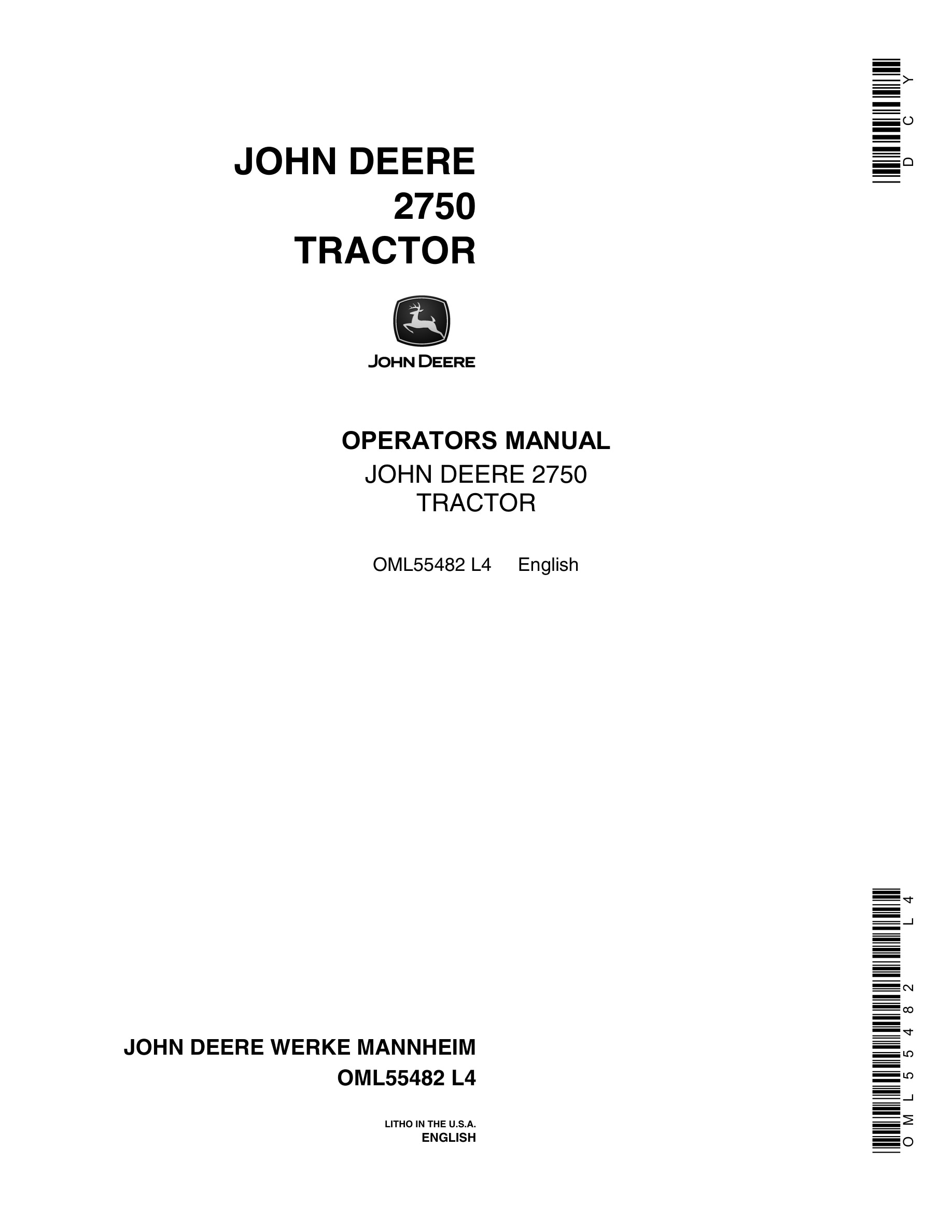 John Deere 2750 Tractor Operator Manual OML55482-1