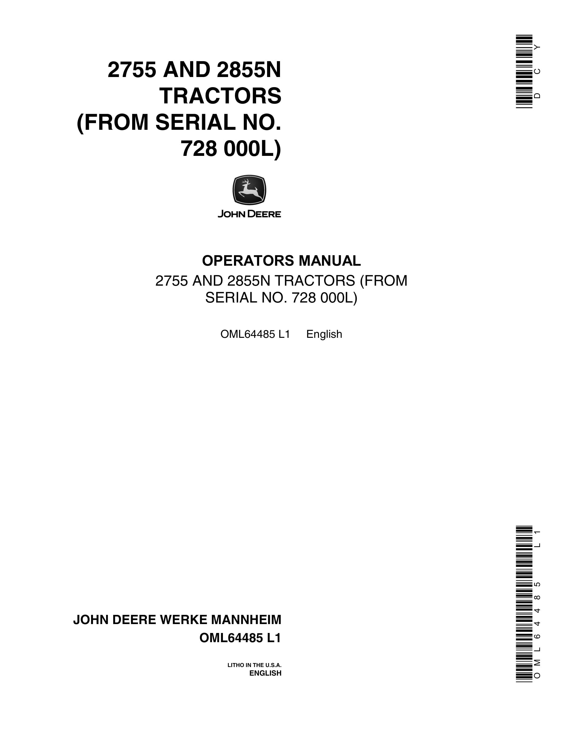 John Deere 2755 AND 2855N Tractor Operator Manual OML64485-1