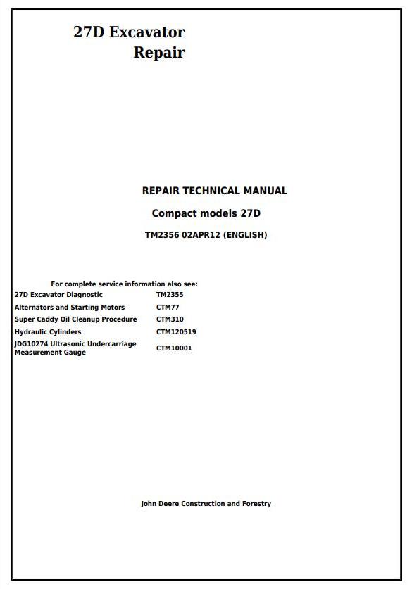 John Deere 27D Excavator Repair Technical Manual TM2356
