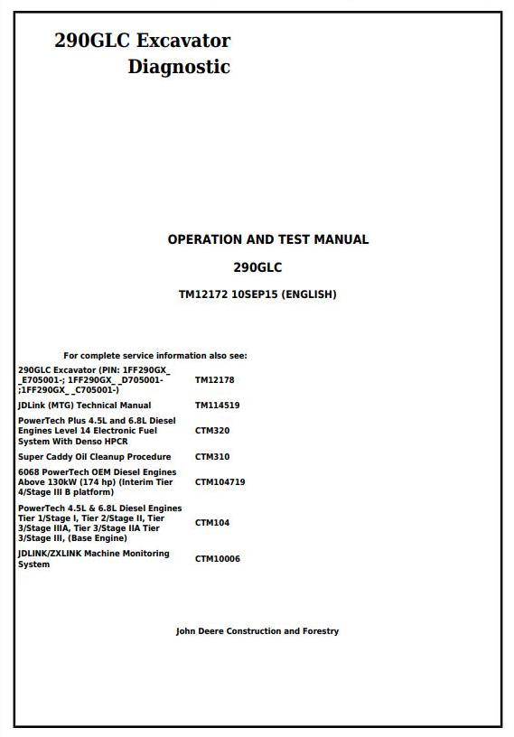 John Deere 290GLC Excavator Diagnostic Operation Test Manual TM12172