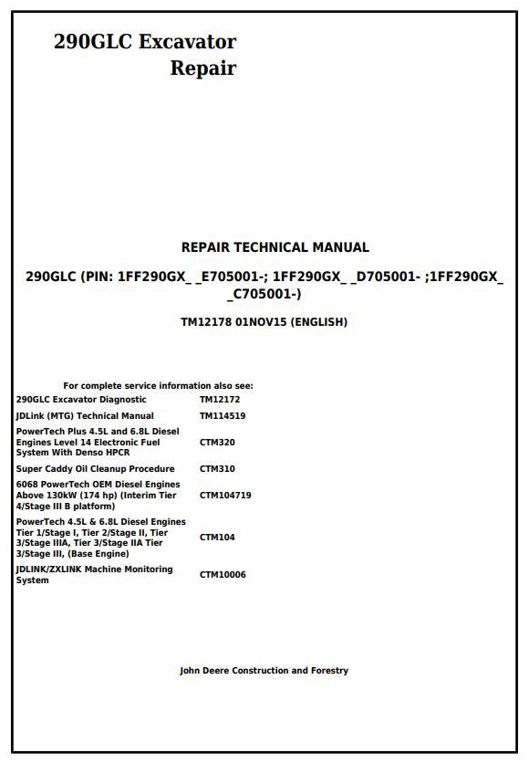 John Deere 290GLC Excavator Repair Technical Manual TM12178