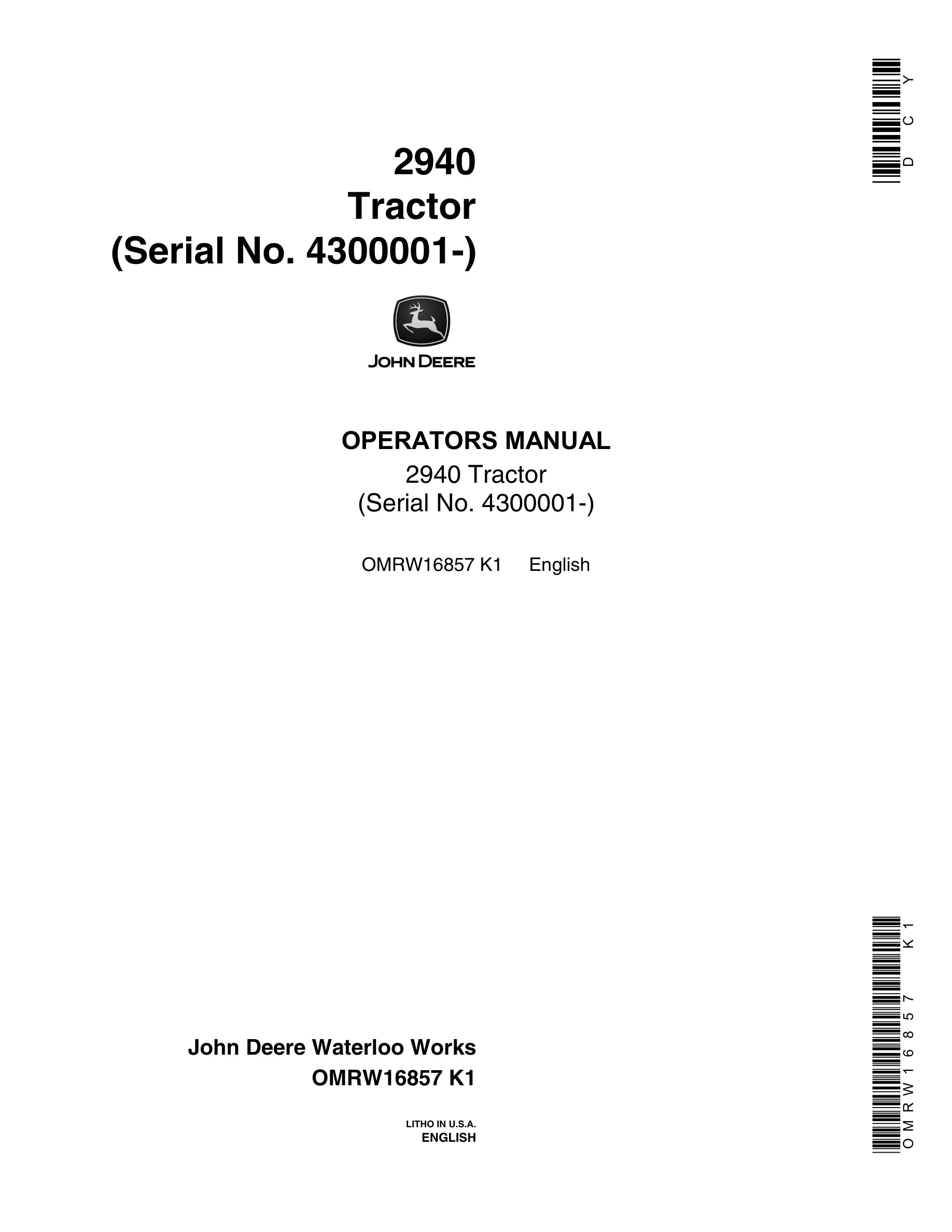 John Deere 2940 Tractors Operator Manual OMRW16857-1