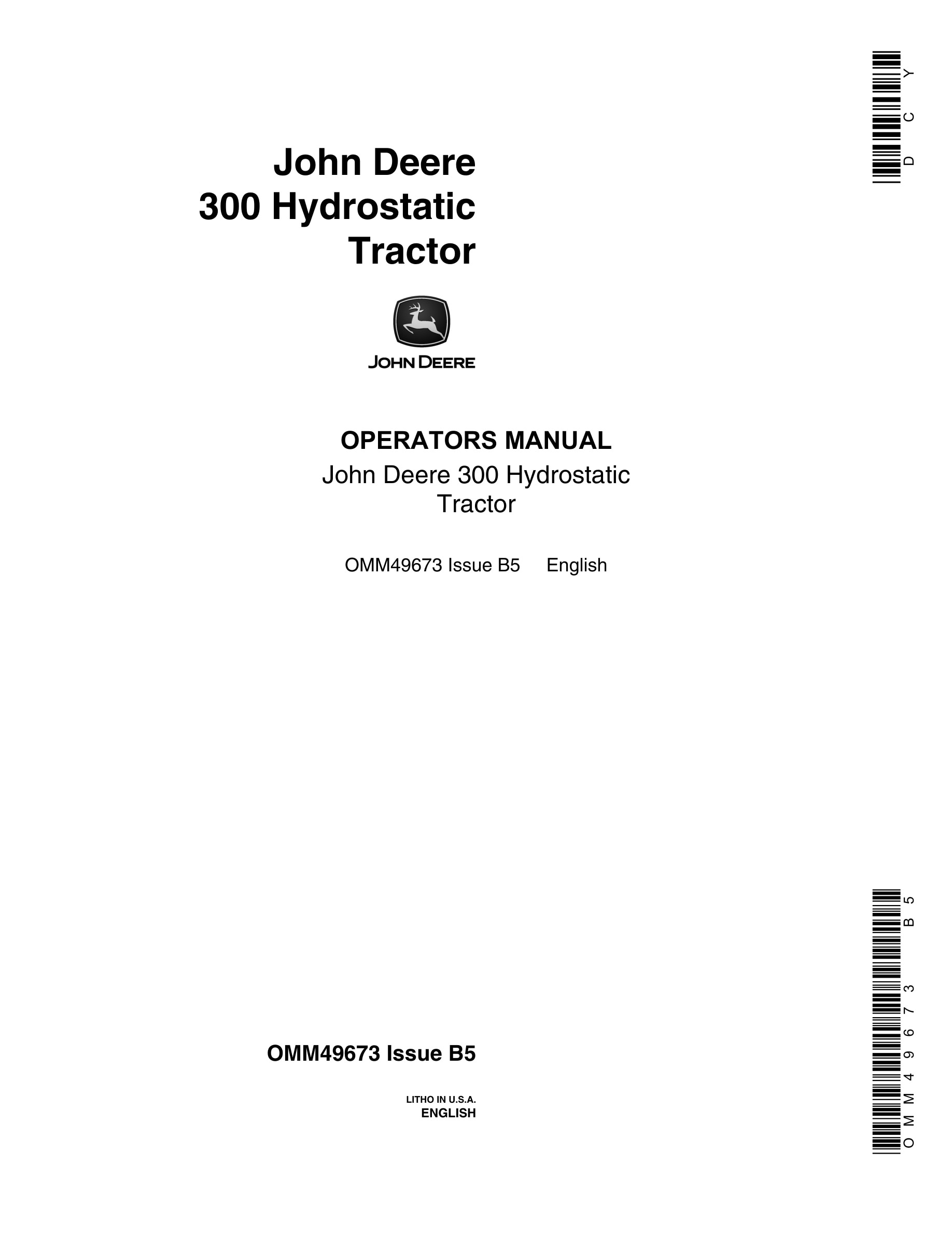 John Deere 300 Tractor Operator Manual OMM49673-1