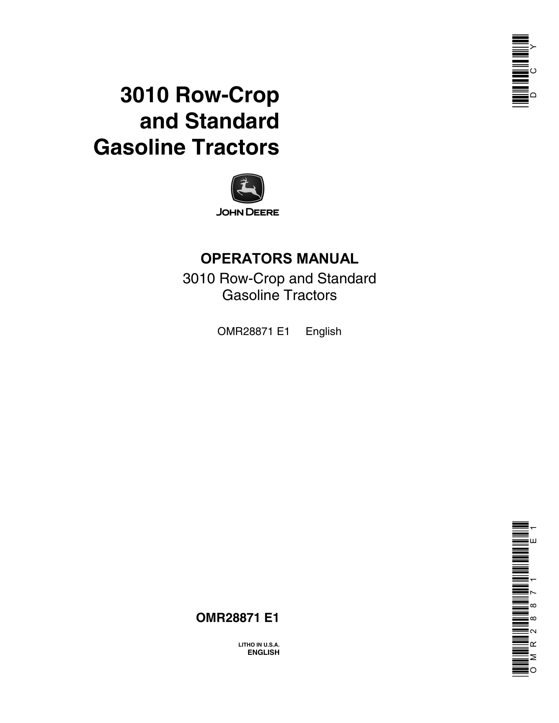 John Deere 3010 Row-crop And Standard Gasoline Tractors Operator Manuals OMR28871-1