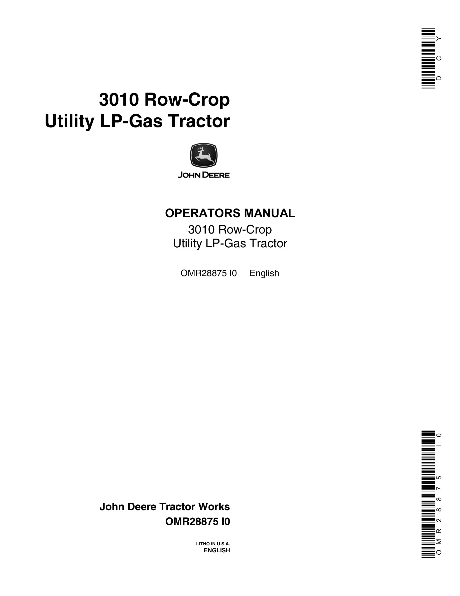 John Deere 3010 Row-crop Utility Lp-gas Tractors Operator Manual OMR28875-1