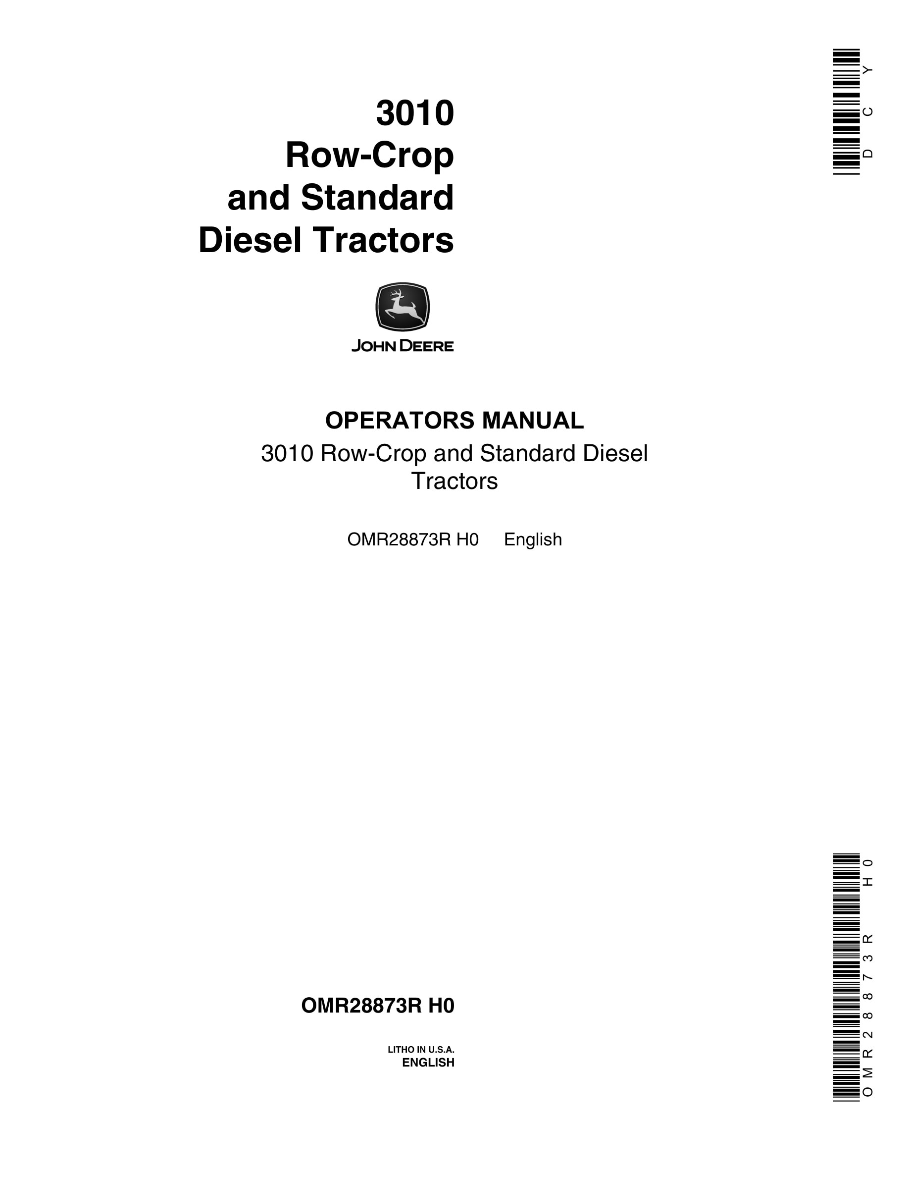 John Deere 3010 Tractor Operator Manual OMR28873R-1