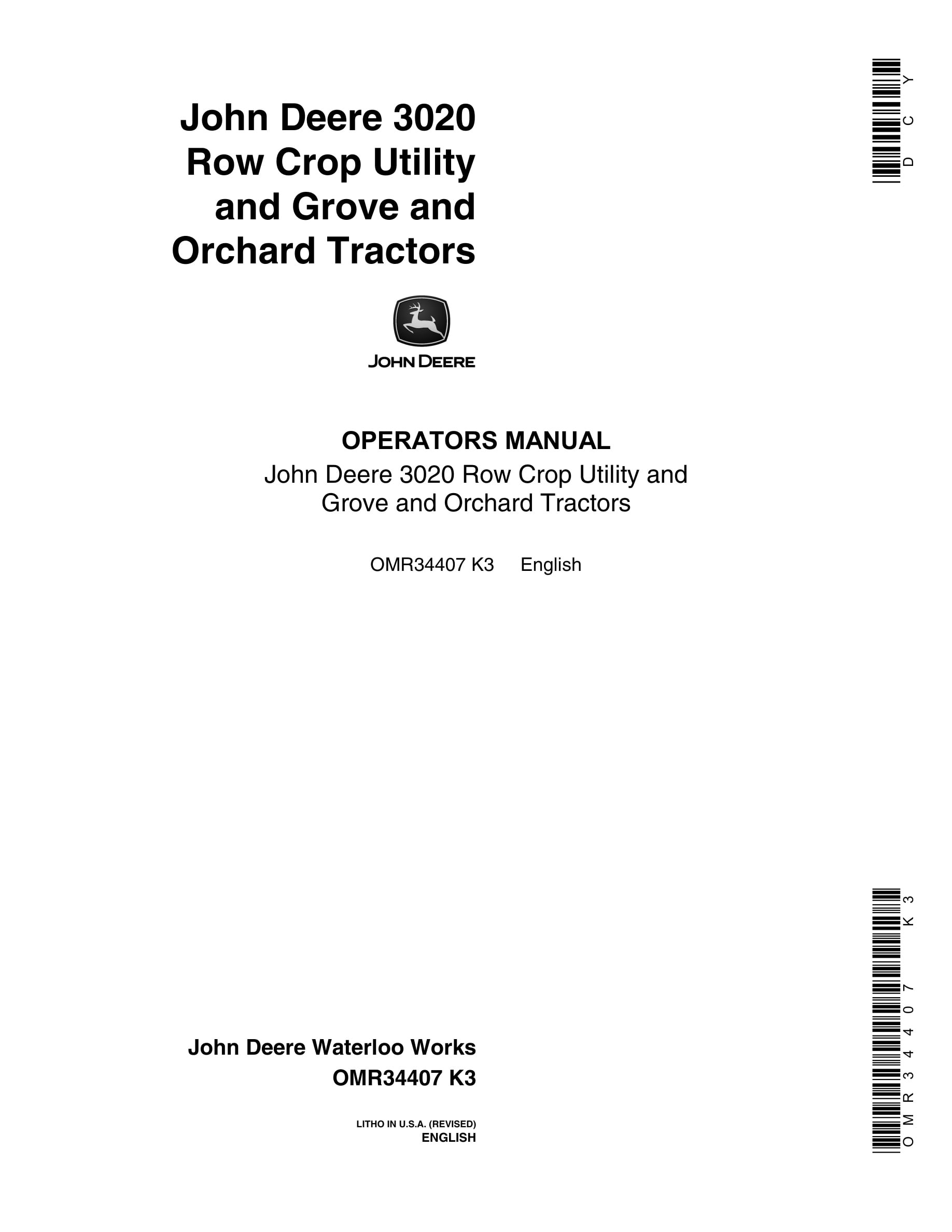 John Deere 3020 Tractor Operator Manual OMR34407-1
