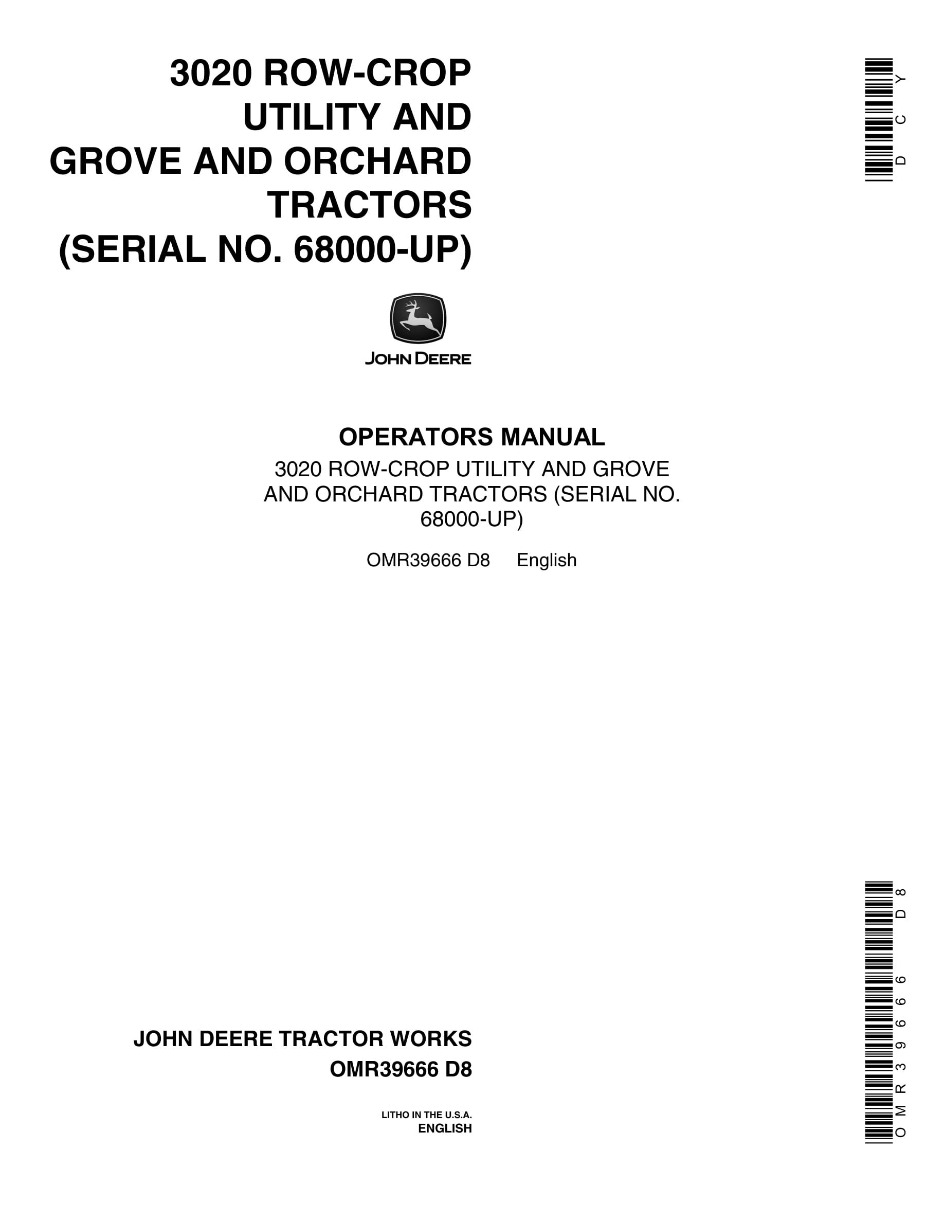 John Deere 3020 Tractor Operator Manual OMR39666-1