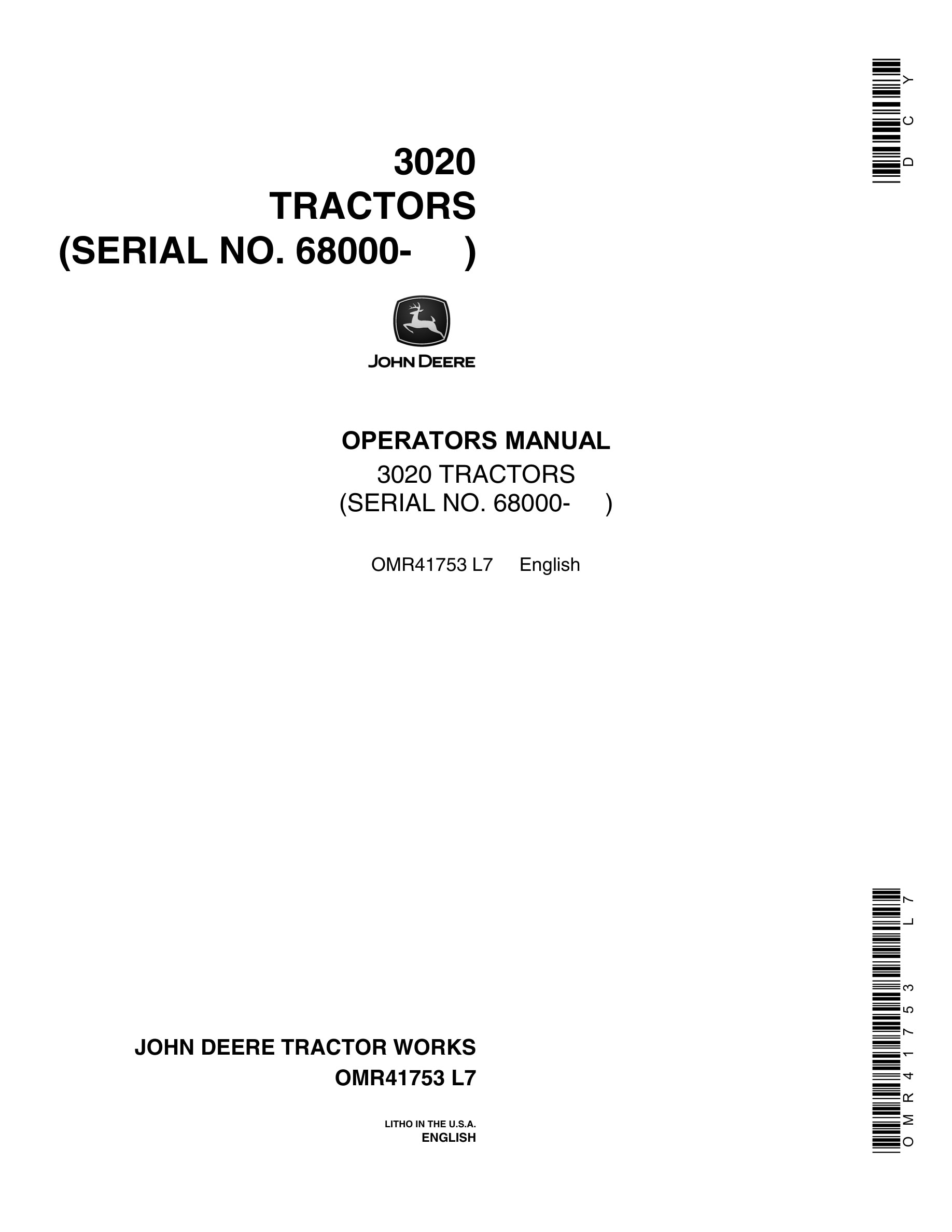 John Deere 3020 Tractor Operator Manual OMR41753-1