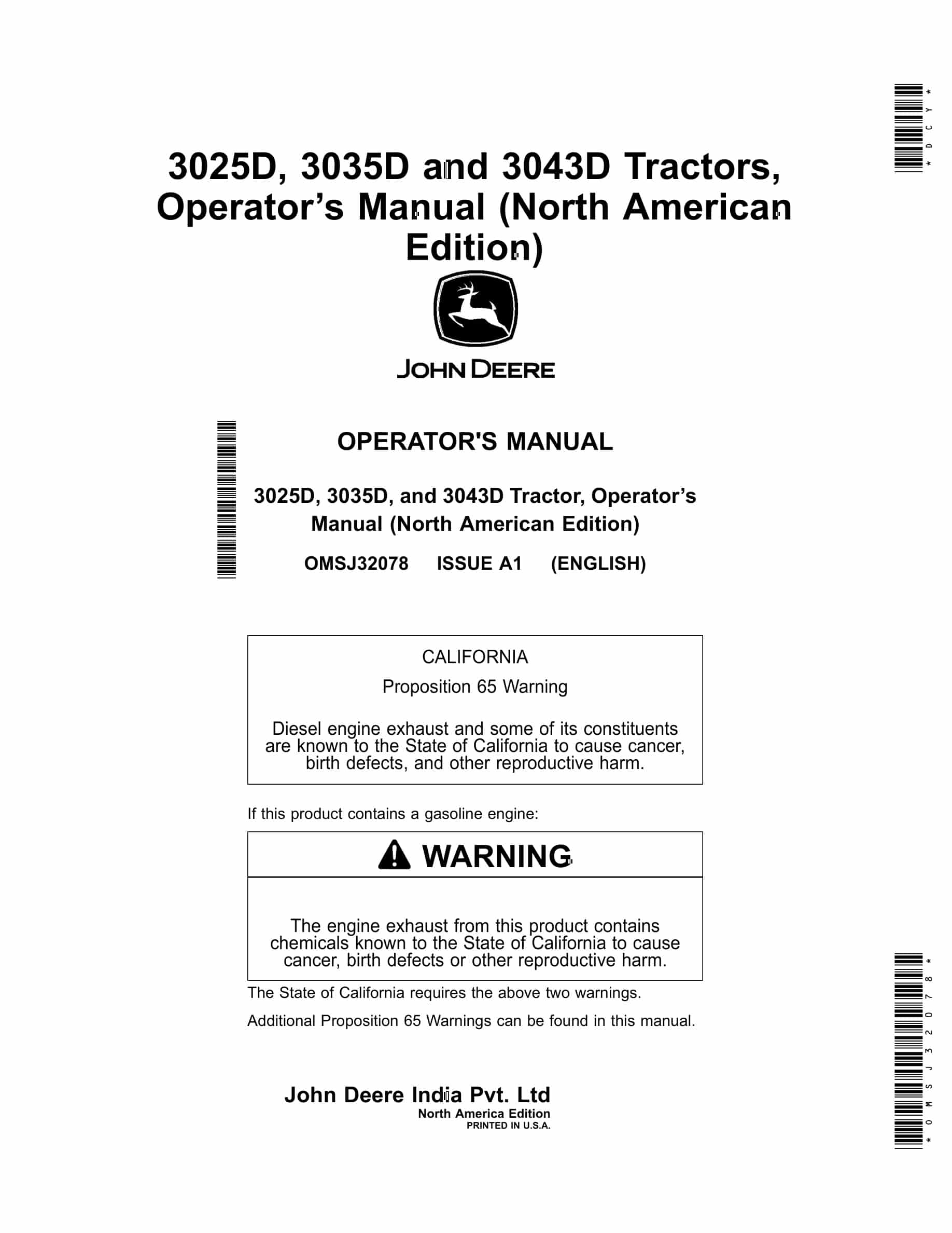 John Deere 3025D, 3035D, and 3043D Tractor Operator Manual OMSJ32078-1
