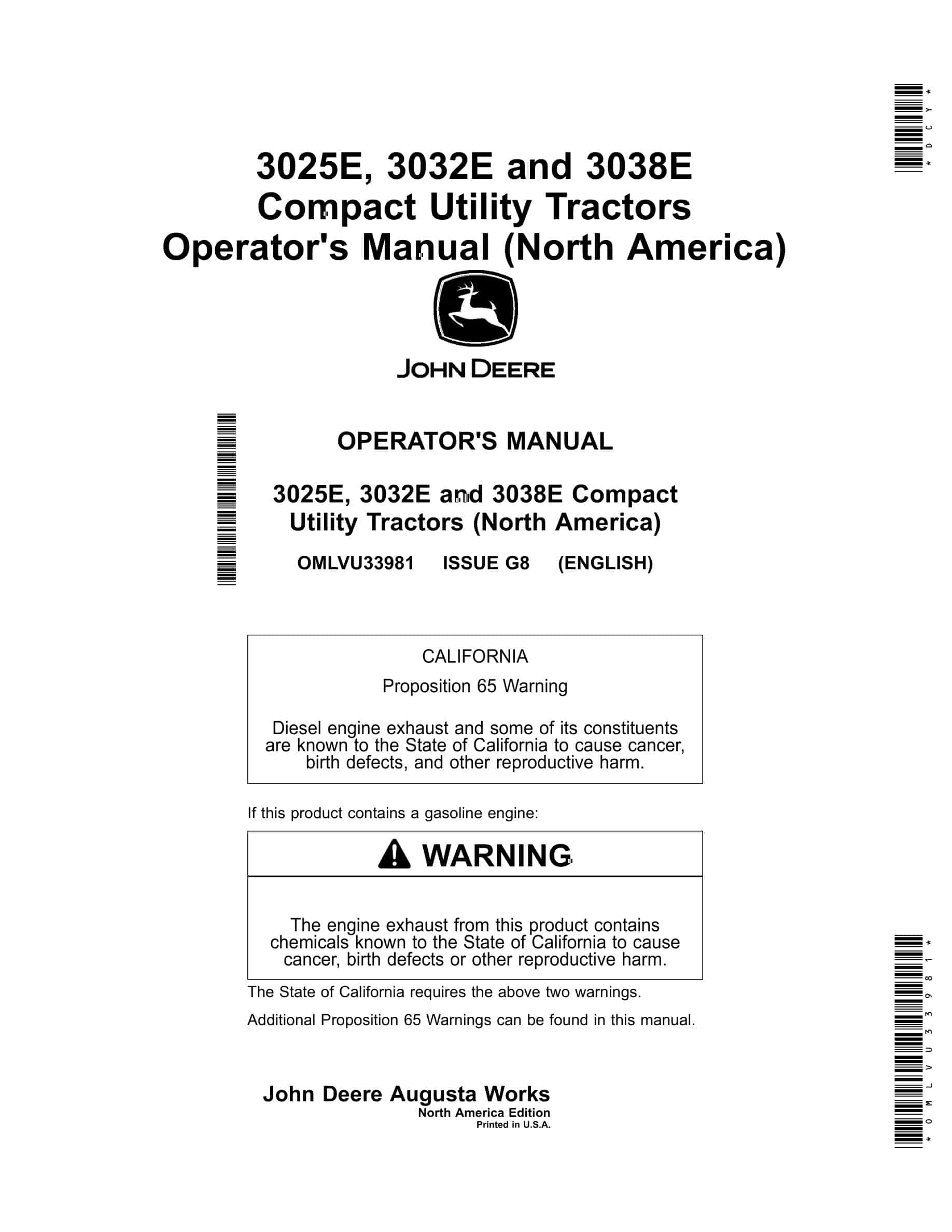 John Deere 3025E, 3032E and 3038E Tractor Operator Manual OMLVU33981-1