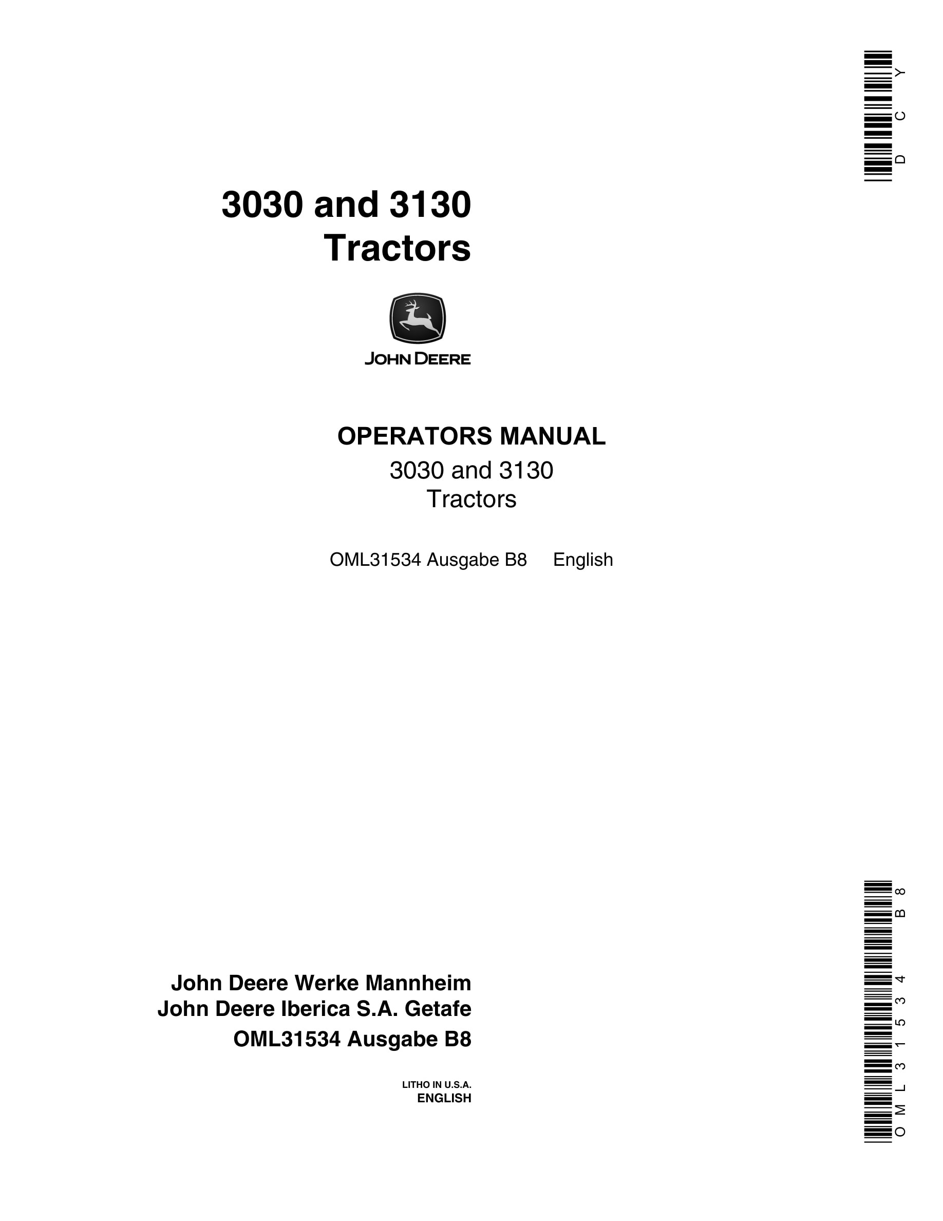 John Deere 3030 And 3130 Tractors Operator Manuals OML31534-1