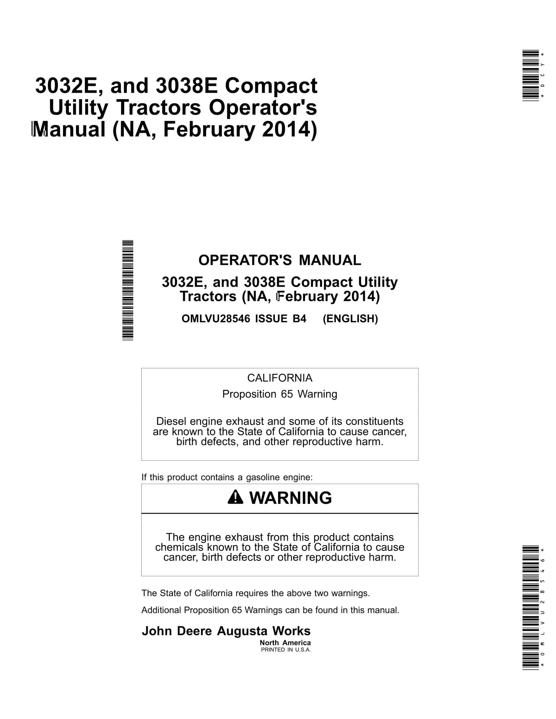 John Deere 3032E, and 3038E Tractor Operator Manual OMLVU28546-1
