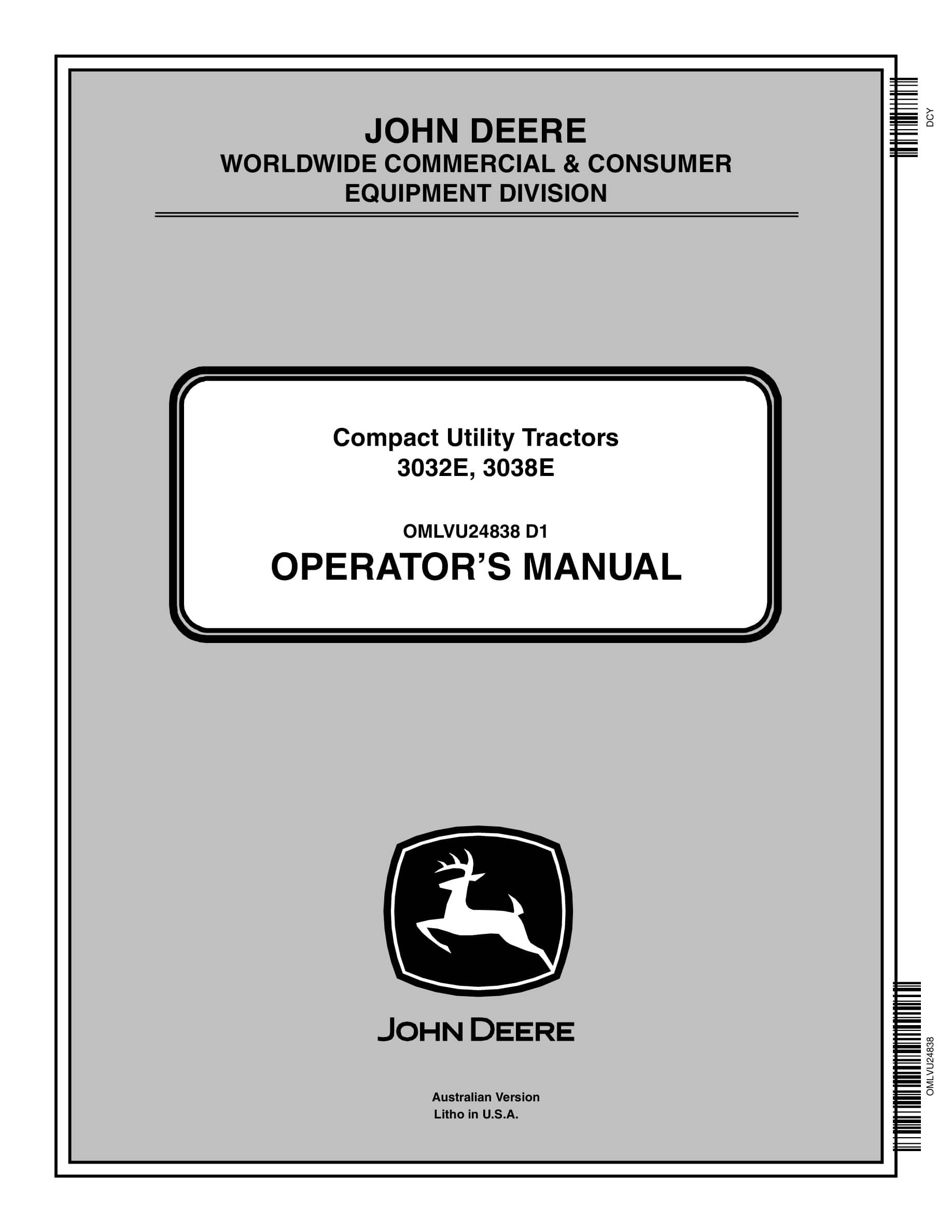John Deere 3032e, 3038e Compact Utility Tractors Operator Manual OMLVU24838-1