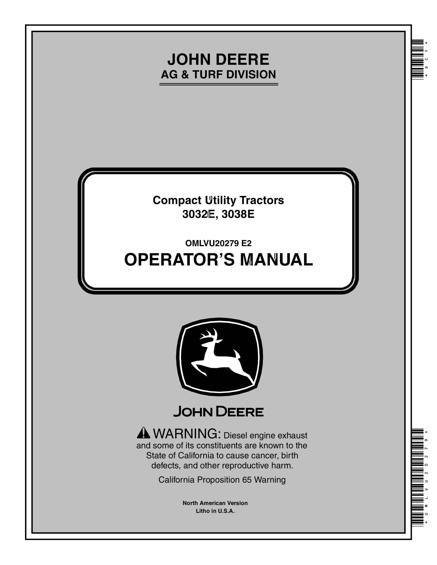 John Deere 3032e, 3038e Compact Utility Tractors Operator Manuals OMLVU20279-1