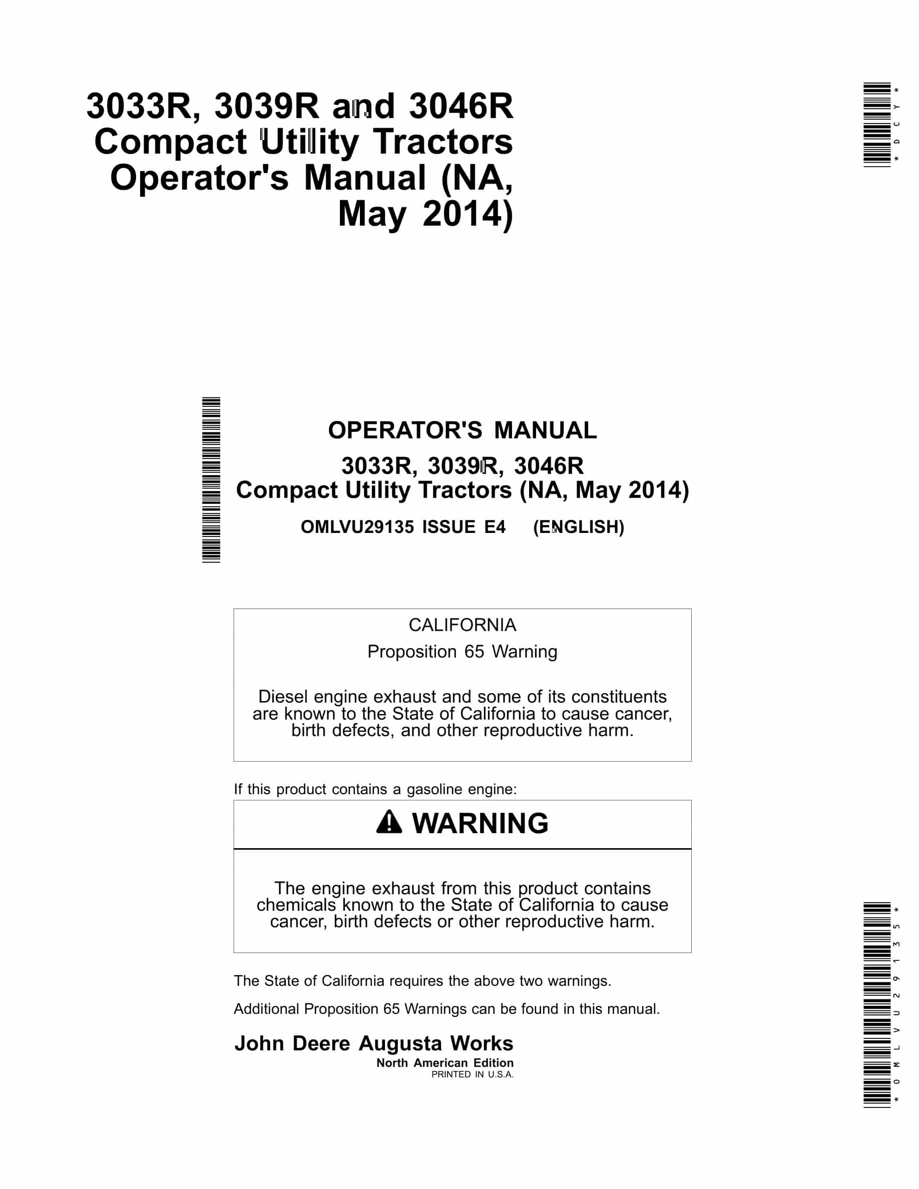 John Deere 3033R, 3039R, 3046R Tractor Operator Manual OMLVU29135-1
