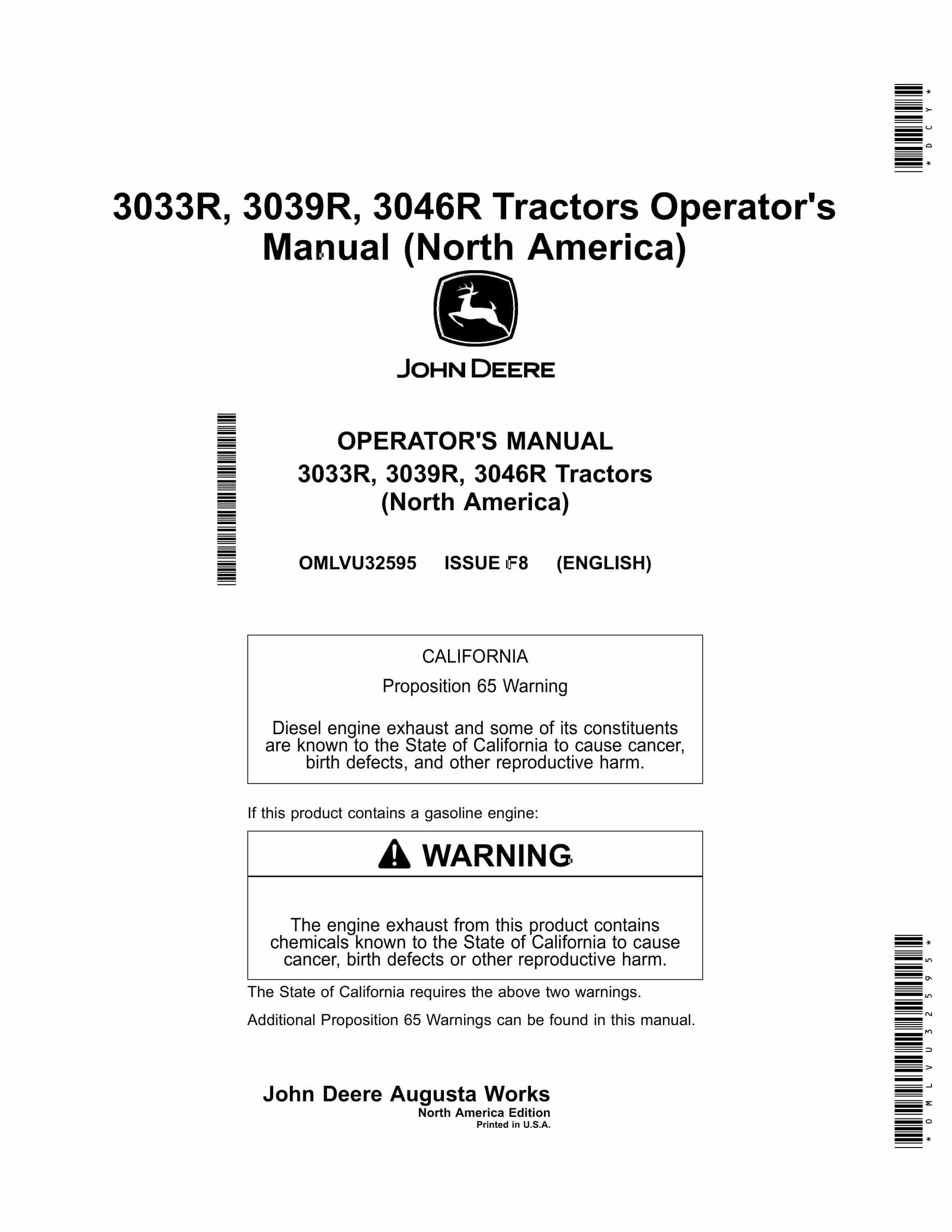 John Deere 3033R, 3039R, 3046R Tractor Operator Manual OMLVU32595-1