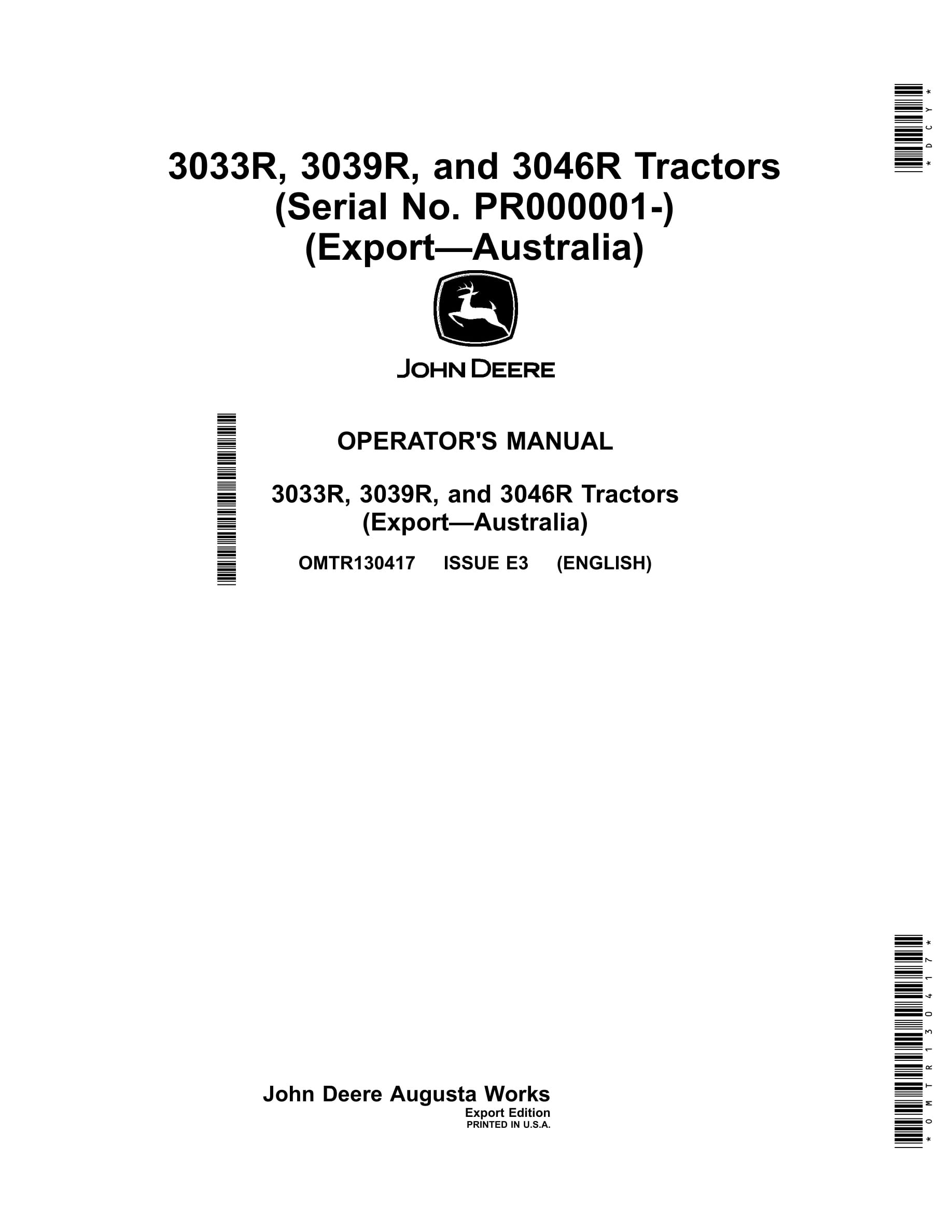 John Deere 3033r, 3039r, And 3046r Tractors Operator Manuals OMTR130417-1