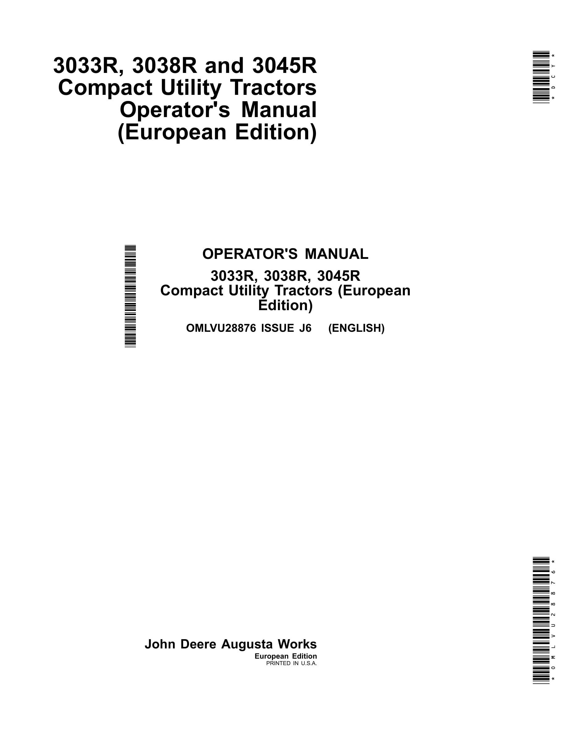 John Deere 3033r,3038r,3045r Compact Utility Tractors Operator Manuals OMLVU28876-1
