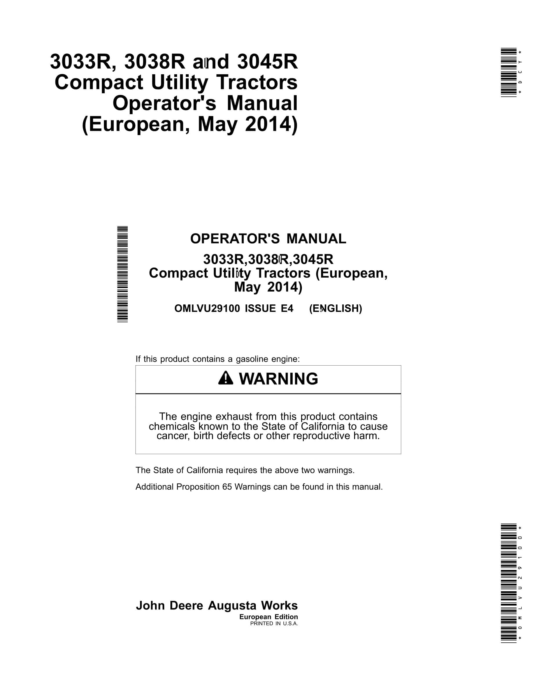 John Deere 3033r,3038r,3045r Compact Utility Tractors Operator Manuals OMLVU29100-1