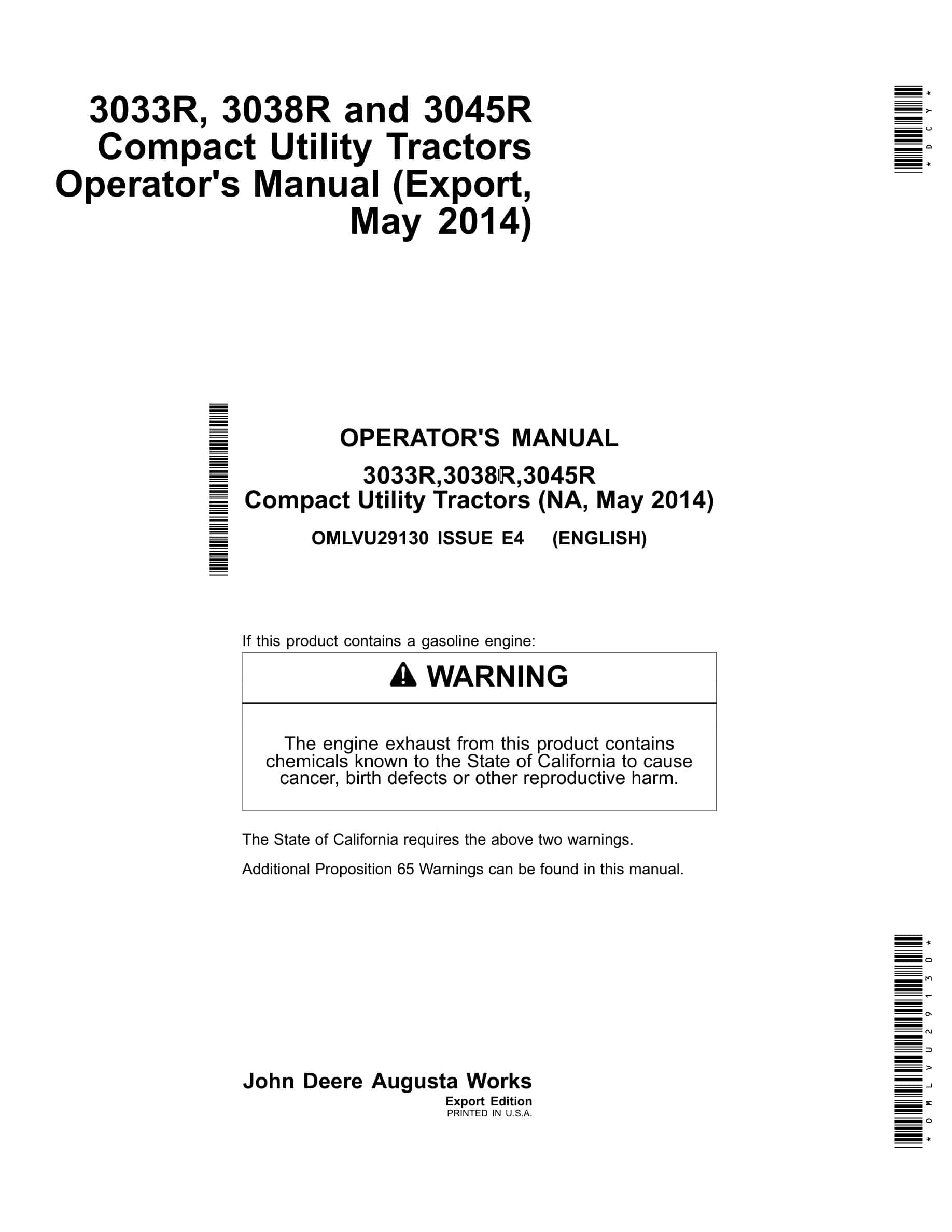 John Deere 3033r,3038r,3045r Compact Utility Tractors Operator Manuals OMLVU29130-1