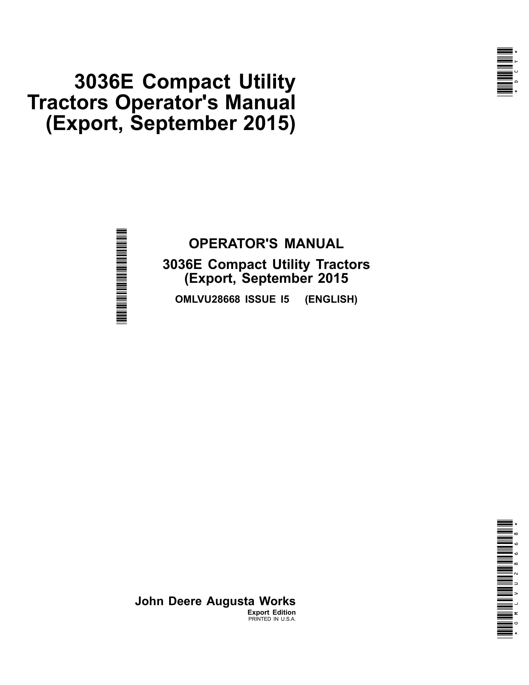John Deere 3036e Compact Utility Tractors Operator Manuals OMLVU28668-1