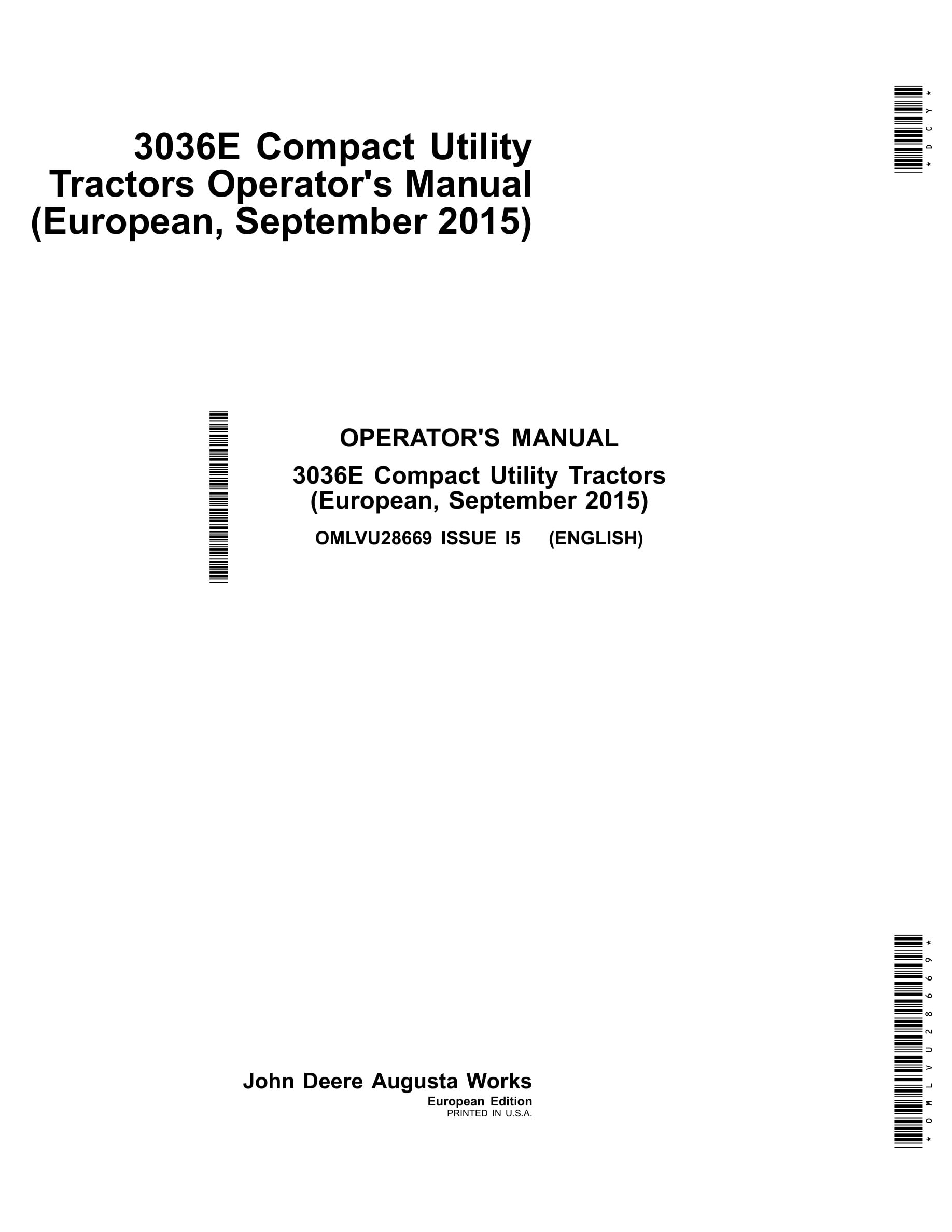 John Deere 3036e Compact Utility Tractors Operator Manuals OMLVU28669-1