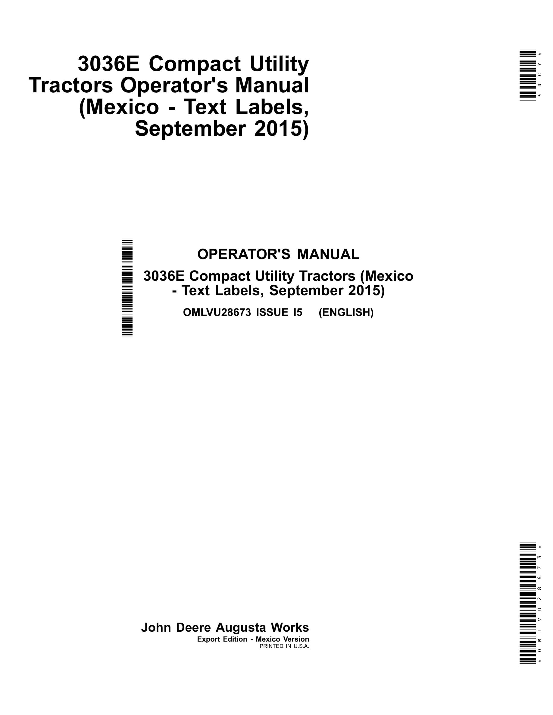 John Deere 3036e Compact Utility Tractors Operator Manuals OMLVU28673-1