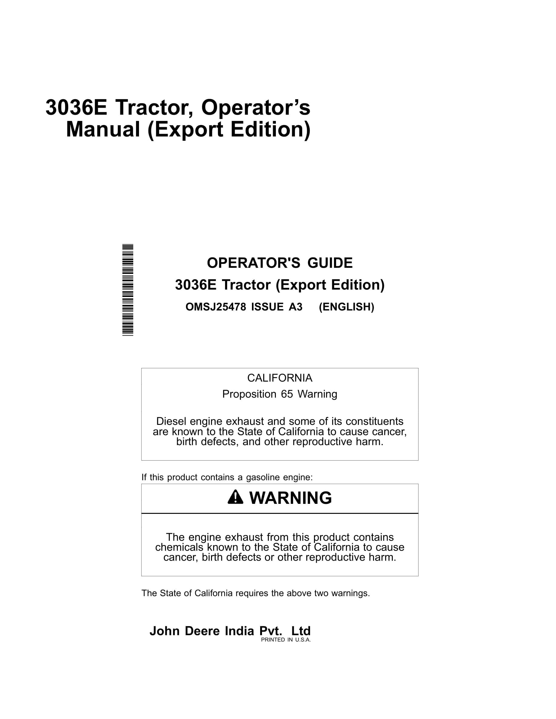 John Deere 3036e Tractors Operator Manual OMSJ25478-1