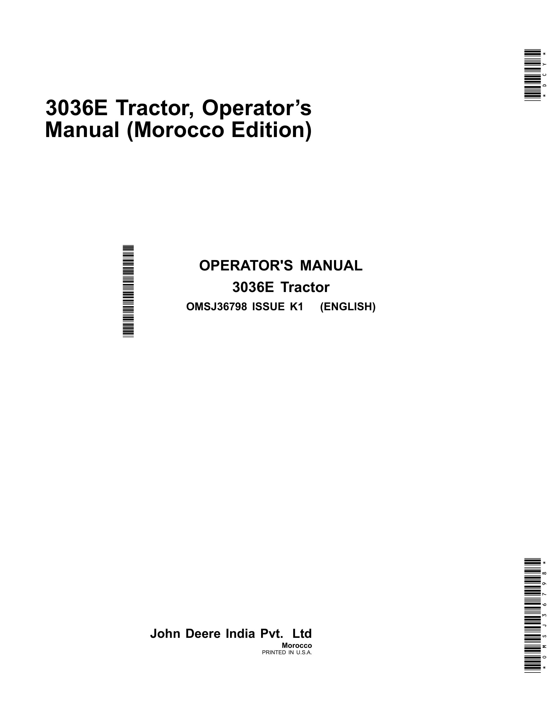 John Deere 3036e Tractors Operator Manual OMSJ36798-1
