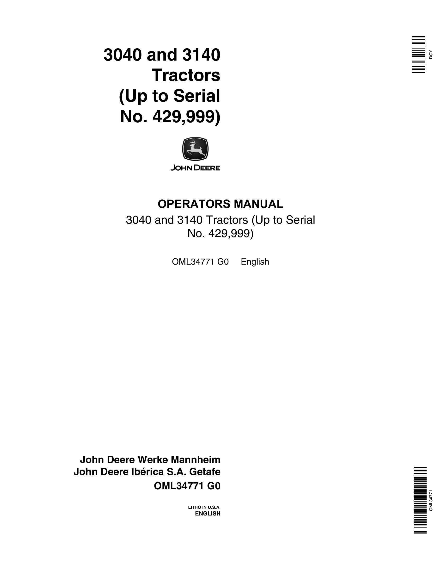 John Deere 3040 And 3140 Tractors Operator Manuals OML34771-1