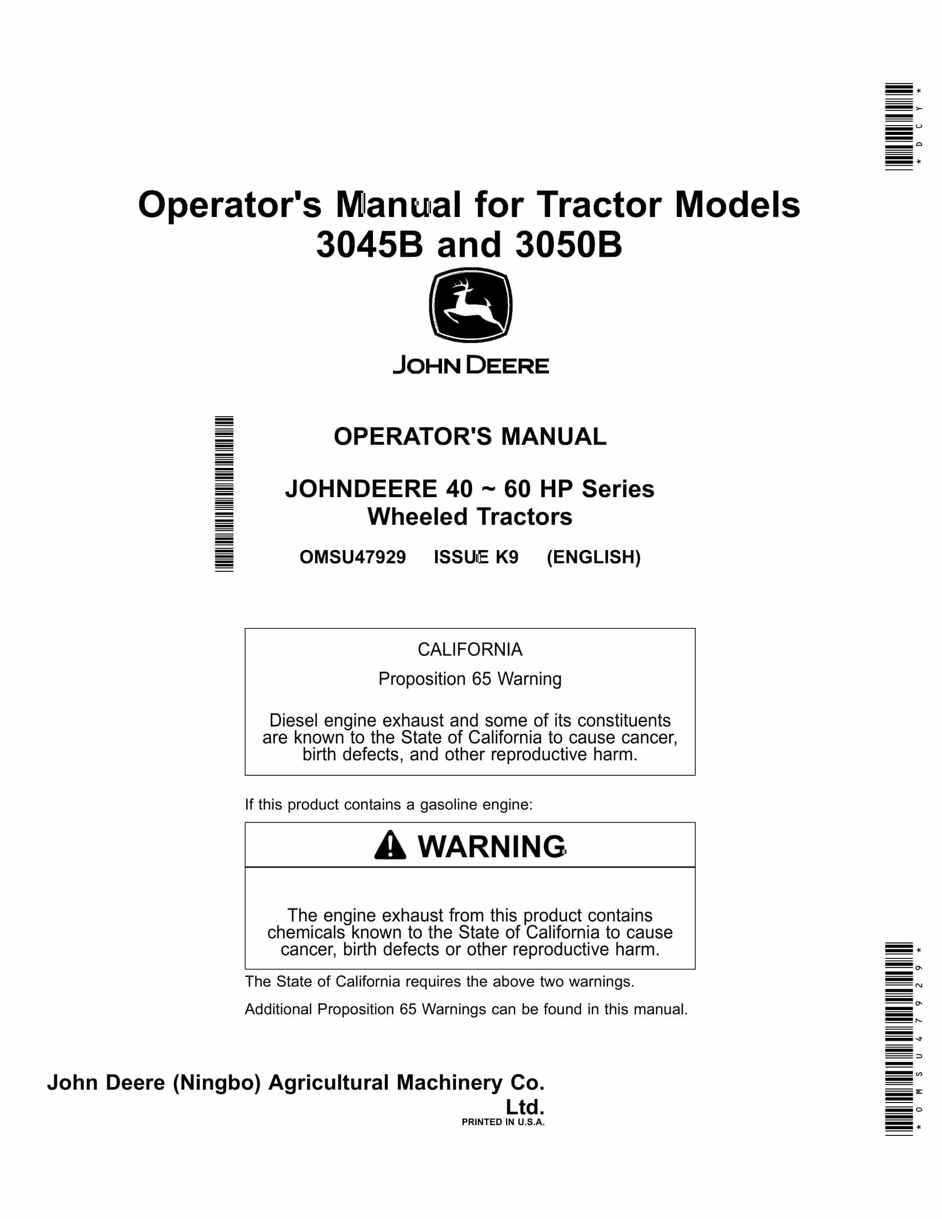 John Deere 3045b And 3050b Wheeled Tractors Operator Manuals OMSU47929-1