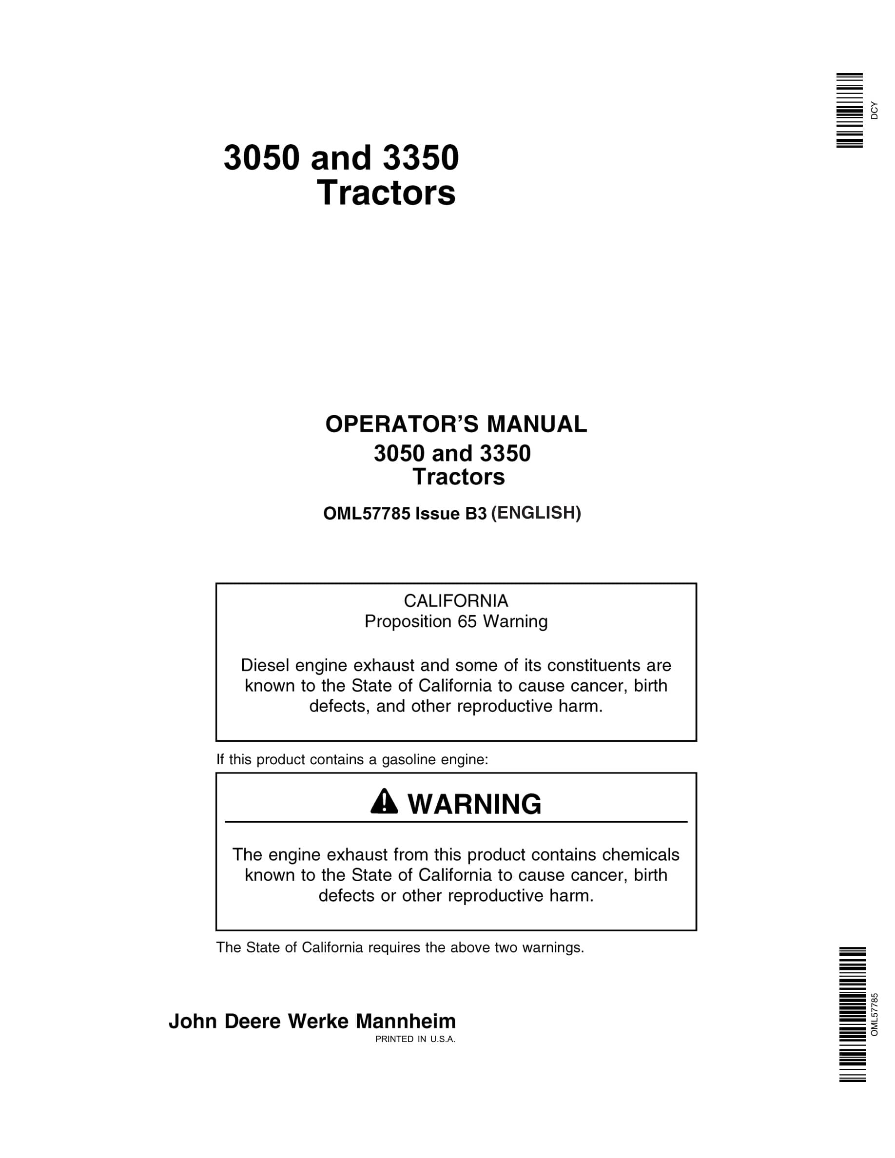 John Deere 3050 3350 Tractors Operator Manuals OML57785-1
