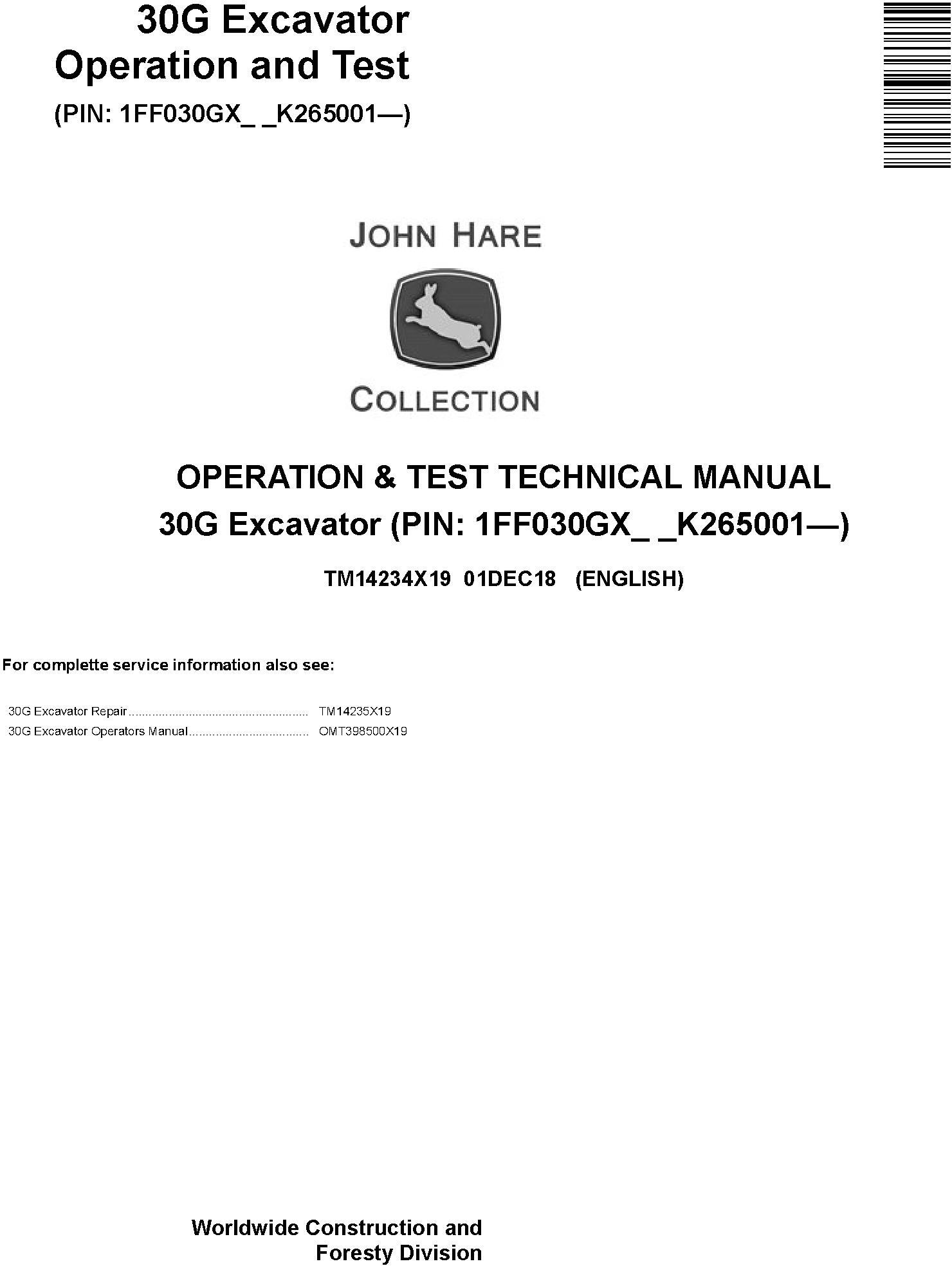 John Deere 30G Excavator Operation Test Technical Manual TM14234X19