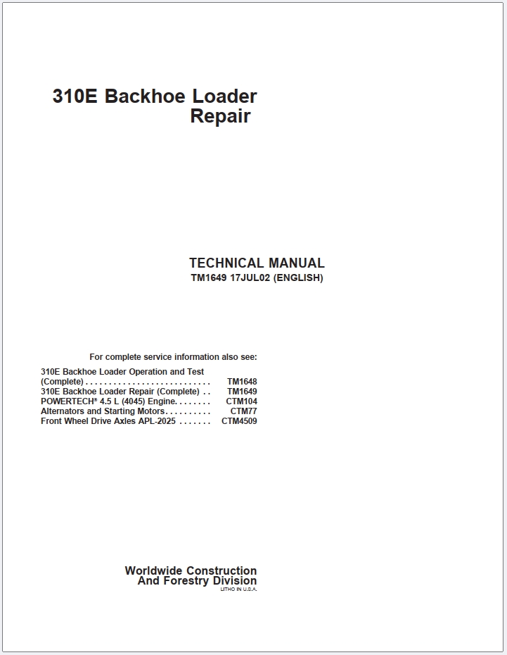 John Deere 310E Backhoe Loader Repair Technical Manual TM1649