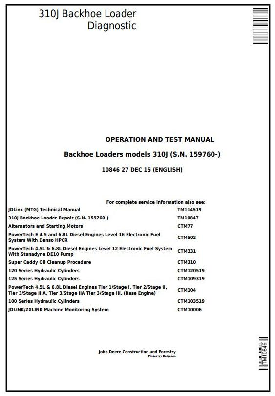 John Deere 310J Backhoe Loader Diagnostic Operation Test Manual TM10846