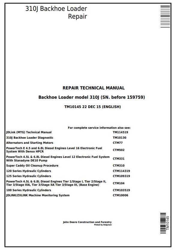 John Deere 310J Backhoe Loader Repair Technical Manual TM10145