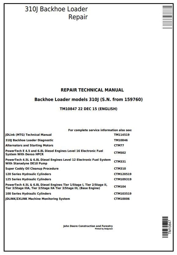 John Deere 310J Backhoe Loader Repair Technical Manual TM10847