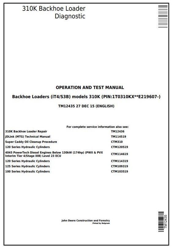 John Deere 310K Backhoe Loader Diagnostic Operation Test Manual TM12435