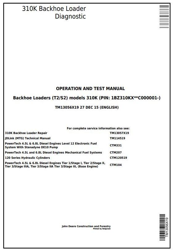 John Deere 310K Backhoe Loader Diagnostic Operation Test Manual TM13056X19