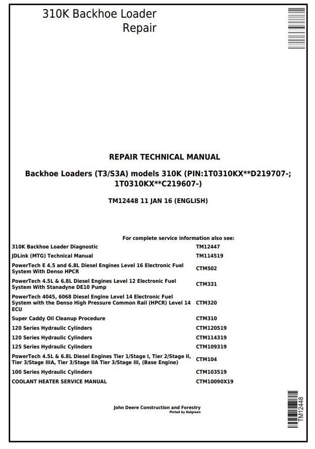 John Deere 310K Backhoe Loader Repair Technical Manual TM12448