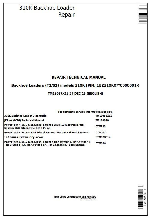 John Deere 310K Backhoe Loader Repair Technical Manual TM13057X19